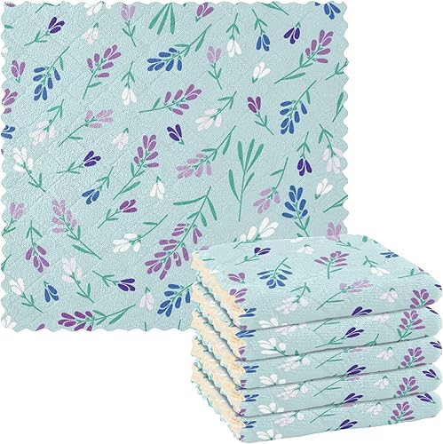 Juego de 6 paños de cocina y paños de cocina con estampado suave de flores de verano de lavanda morado, secado rápido, para restaurante y café
