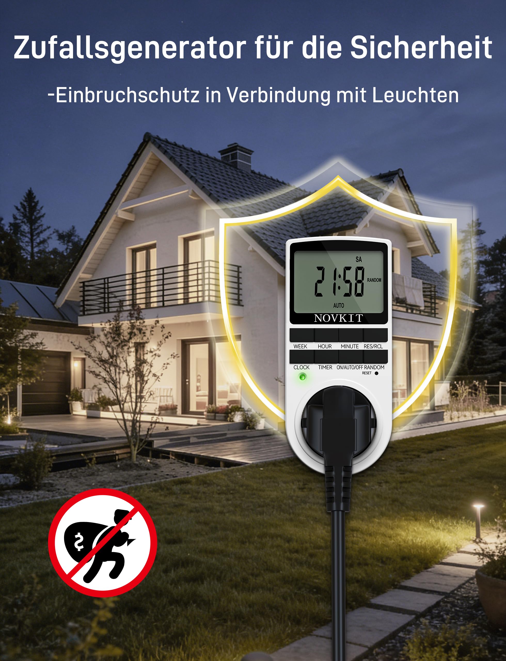 2x NOVKIT digitale Zeitschaltuhr Steckdose mit 10 konfigurierbaren wöchentlichen Programme und einbruchsicheren Zufallsfunktion für Innen (230V / 16A / 3680W)