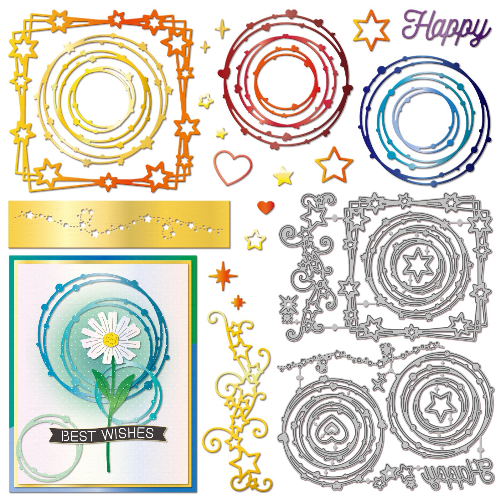 GLOBLELAND Stars Lines Frame Cutting Dies for Card Making Circular Frames Die Cuts Heart Star Borders Metal Die Cut Dies for DIY Scrapbooking Embossing Photo Album Craft Decor โ image 1