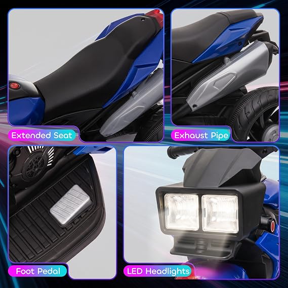 Aosom 6V Kids Motorcycle Toddler Ride-on Toy 3-Wheel Music Horn Blue