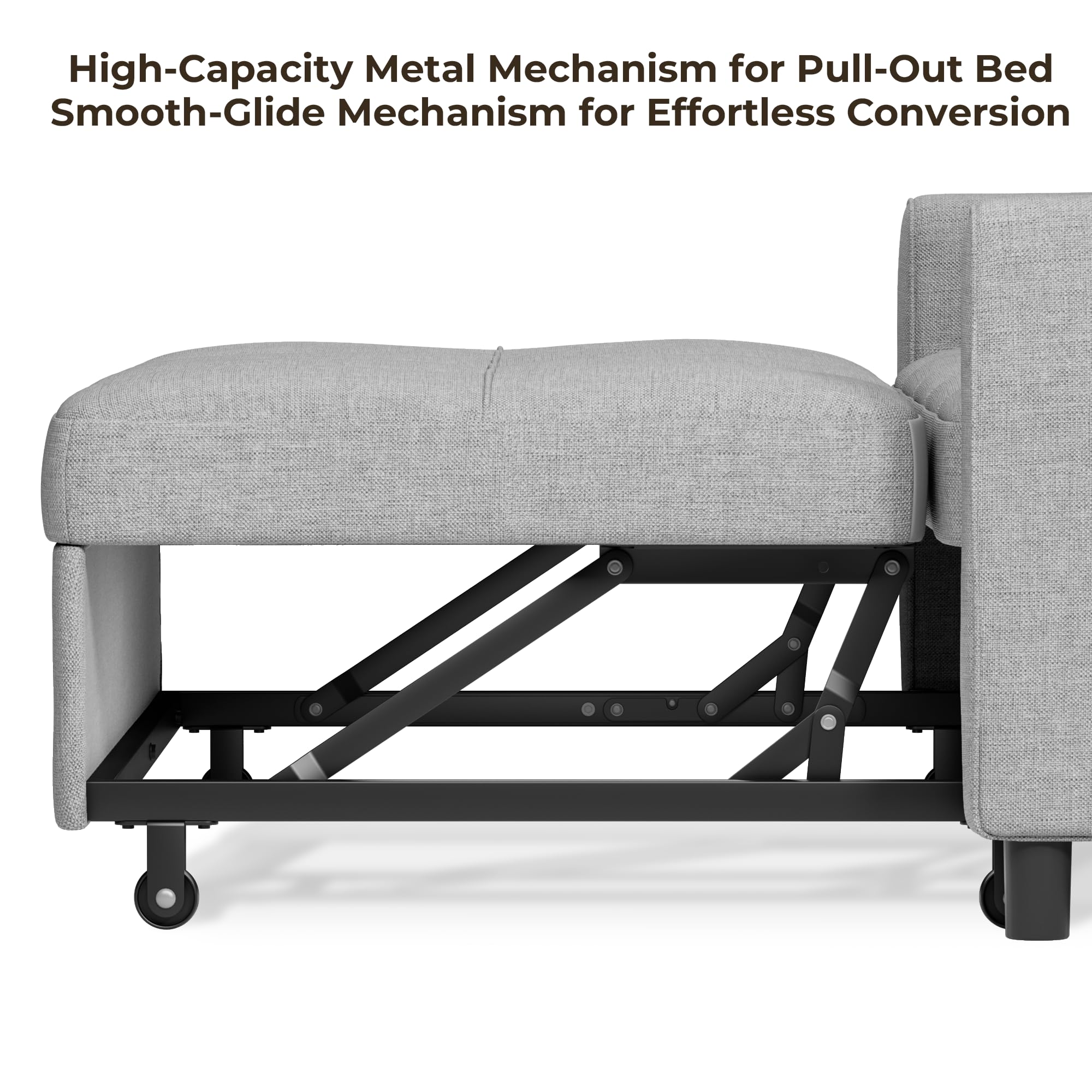 Divano Letto 2 Posti 3 in 1,Divano Matrimoniale Prontoletto Estraibile con 2 Guanciali e Tasche Laterali per Soggiorno, Camera da Letto o Ufficio,132X80X90cm,Grigio chiaro