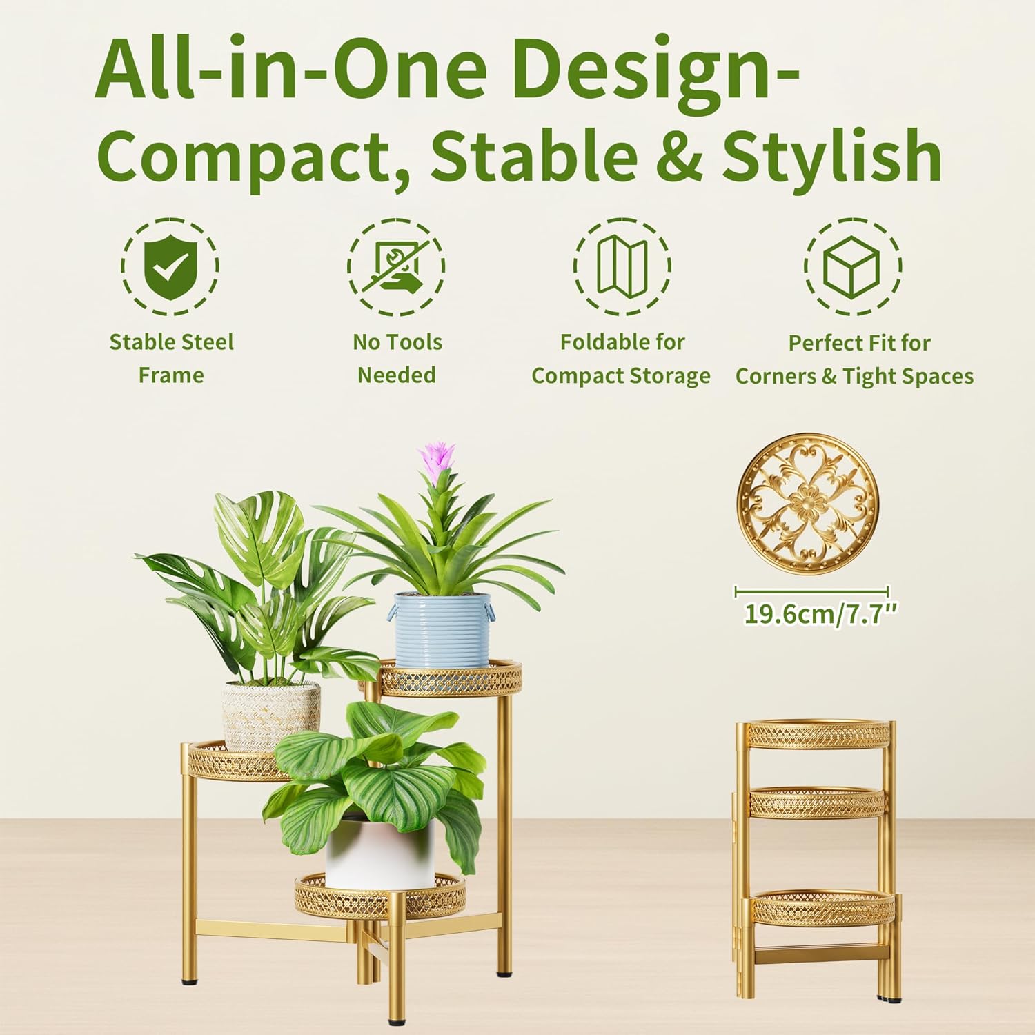 Metal Plant Stand Indoor Outdoor, 3 Tier Corner Plant Shelf for Multiple Plants, Gold Tiered Plant Stand, Heavy Duty Flower Holder, Folding Tall Rack for Garden Patio Balcony - GoldWave