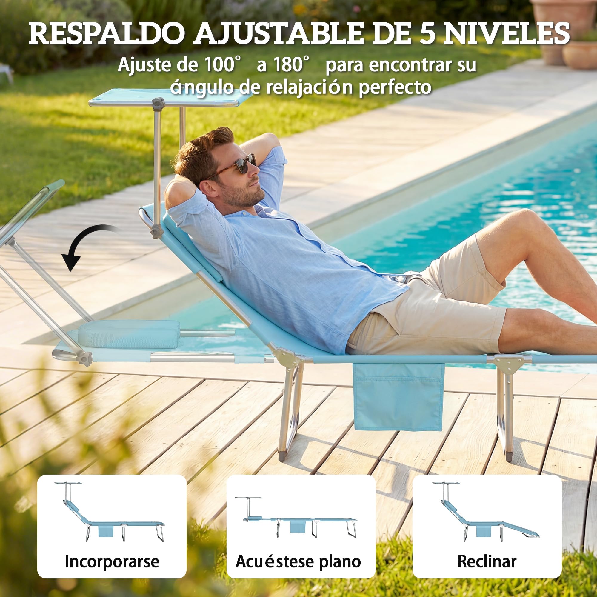 Outsunny Set de 2 Tumbonas Jardín Exterior Plegables con Dosel 360° Azul | Reposacabezas, Orificio Facial, Bolsillo Lateral, Respaldo Reclinable 5 Posiciones, Textilene 550 g/m², para Playa