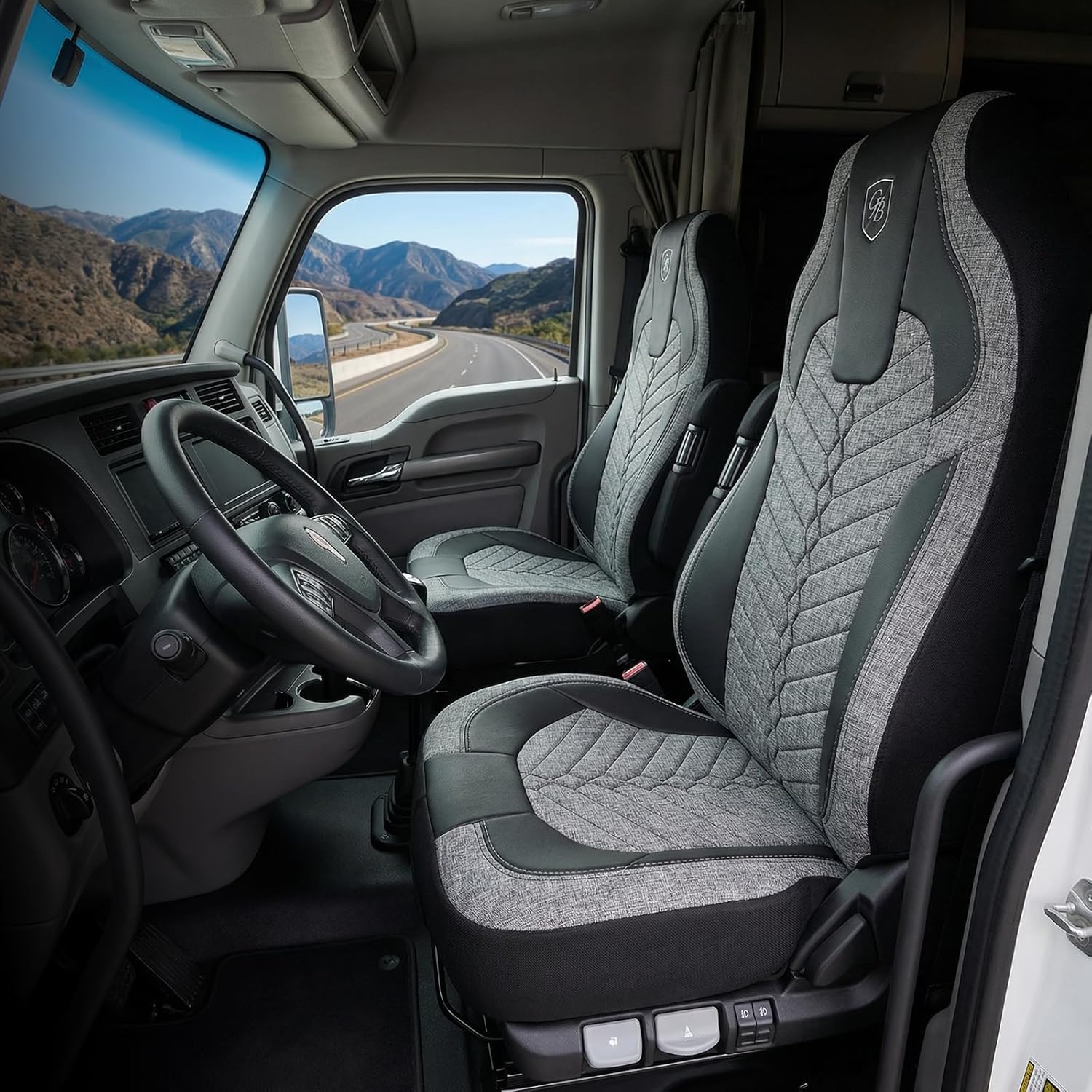 Custom Fit Truck Seat Cover for Kenworth T680, T880, W990 – Linen Fabric – Grey and Black Coloured – Includes Armrest Covers and Assebly Tool