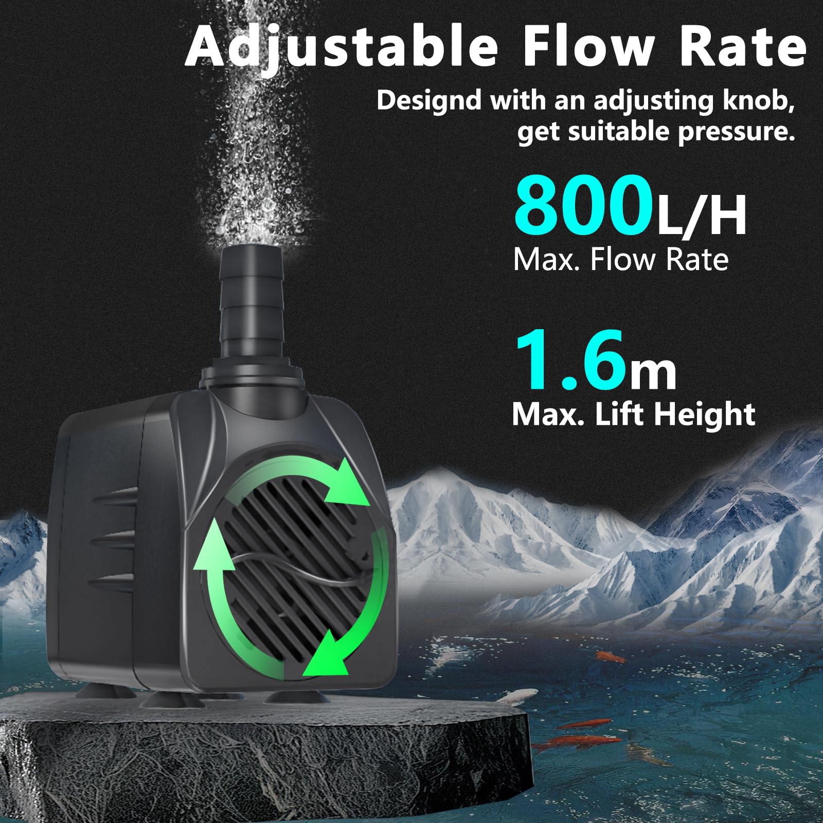 Pompa filtro per laghetto, 16 W, 800 l/h, protezione dal surriscaldamento, funzione ultra silenziosa, con cavo da 1,8 m, per fontane, sistemi idroponici. Pompa sommergibile, colore nero