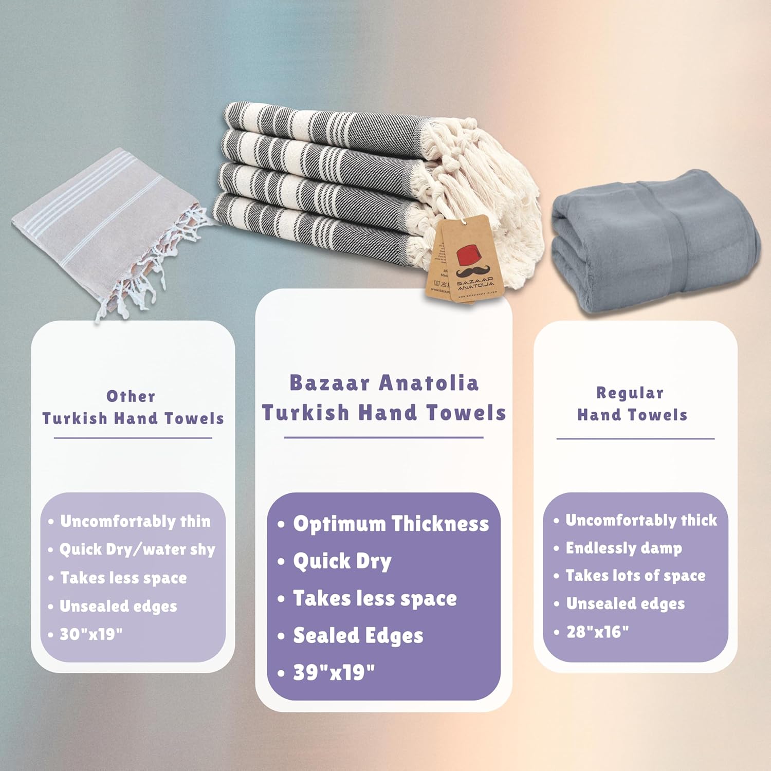 Bazaar Anatolia Hand Towels - Set of 4 | 39" x 19" - Decorative Turkish Hand Towel for Bathroom, 100% Cotton, Kitchen, Face, Hair, Tea, Dishcloth, Bathroom Hand Towels - Stripe Black - Image 3