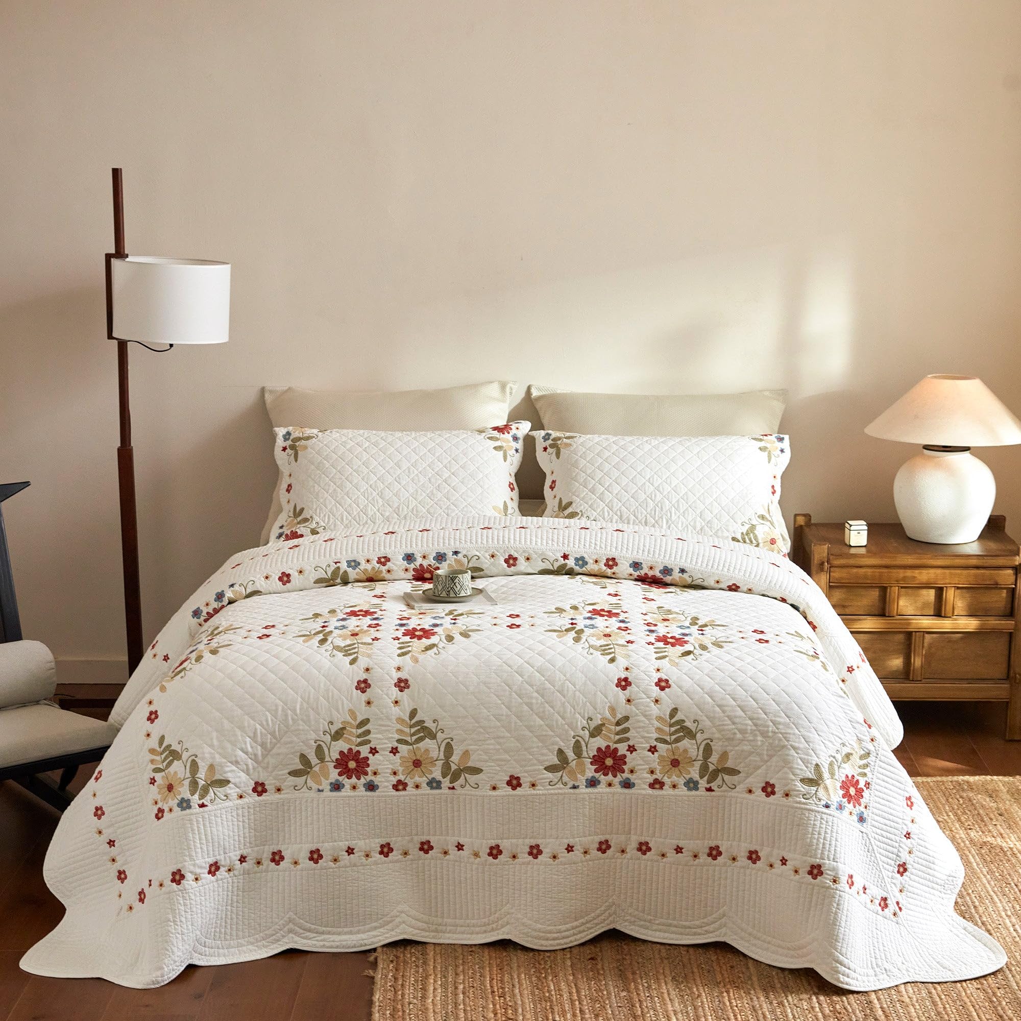 MarCielo 3Pcs Cotton Cottage Floral Quilt Bedspread Set Classic Farmhouse Style TC156