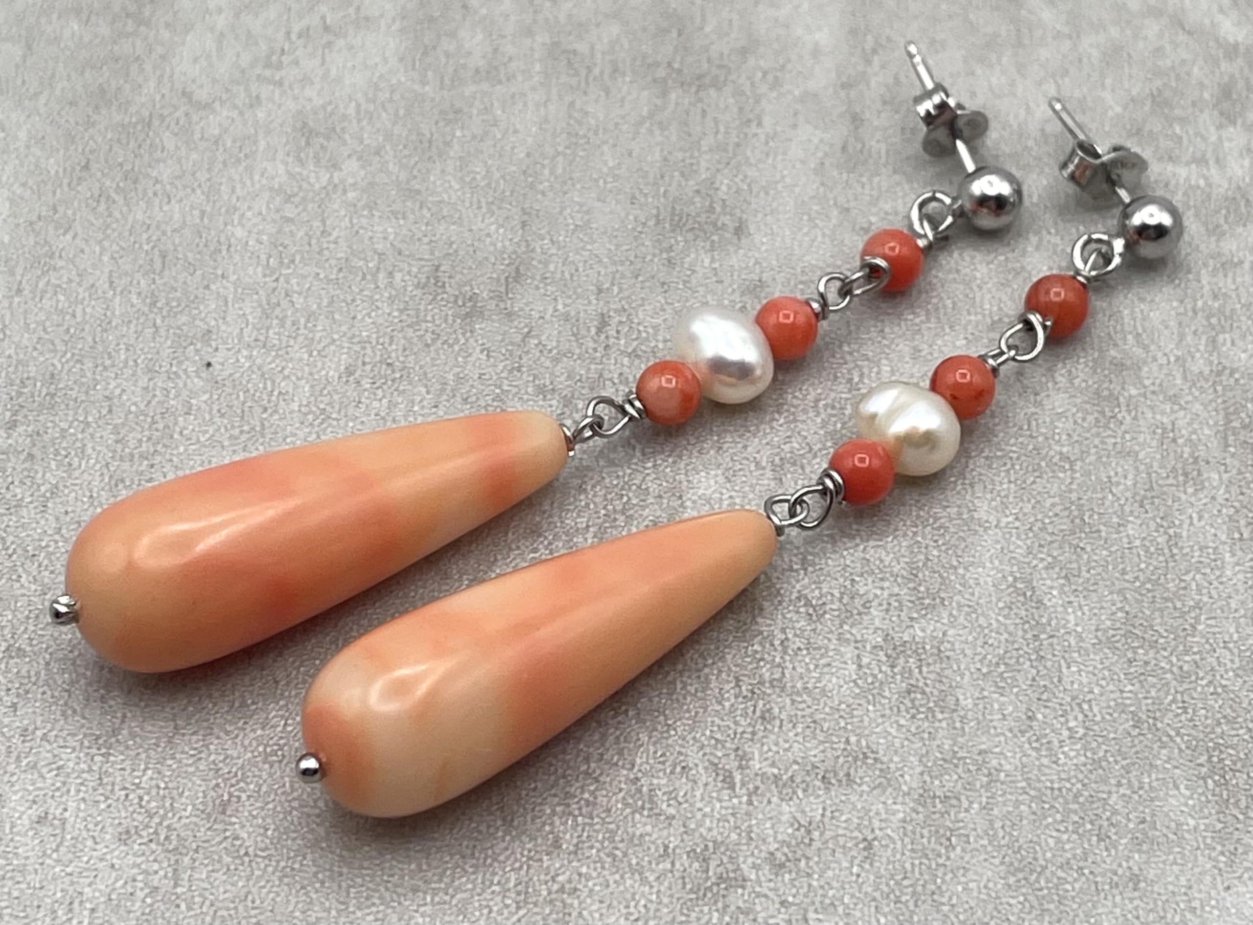 Orecchini Corallo Rosa e Perle Naturali, Pendenti in Argento 925 Made in Italy, Gioielli Pietre Dure, Bijoux Artigianali, Regalo per Lei