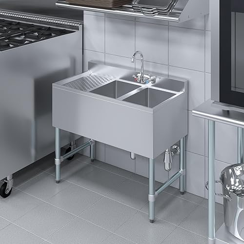 Miniatura 8 de AmGood Fregadero de 2 compartimentos debajo de la barra con escurridor izquierdo de 12 pulgadas y grifo - 36" X 18 3/4". NSF. Fregadero comercial de