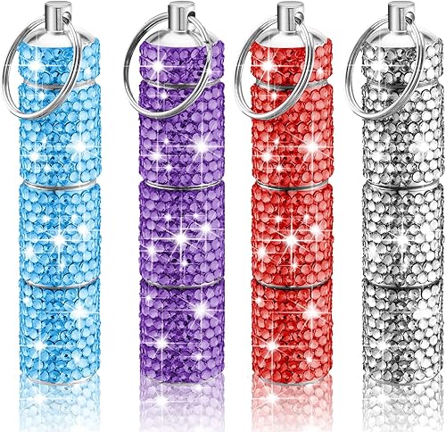 Huquary Pastilleros brillantes de 4 piezas, porta-píldoras con diamantes de imitación, llavero pequeño de aluminio para pastillas, llavero con