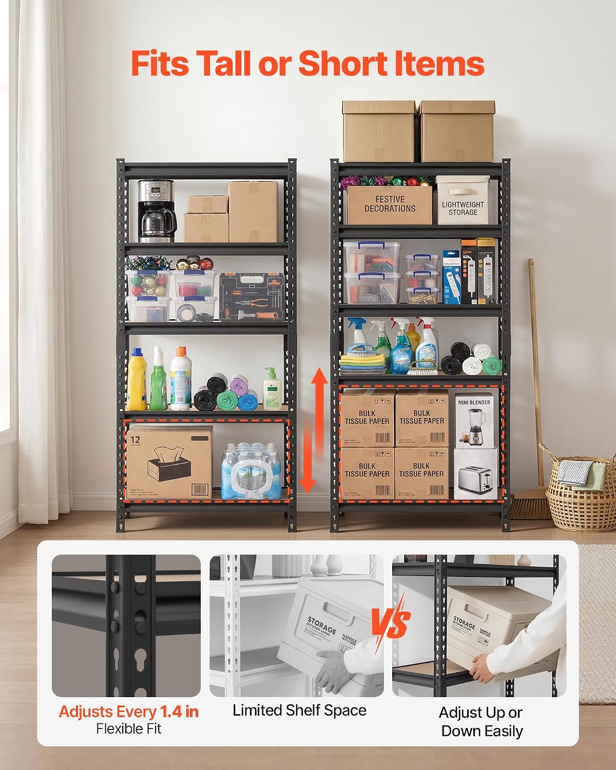 VEVOR Storage Shelves, 5-Tier Adjustable, 2000 lbs Capacity, Heavy Duty Garage Storage Shelving Unit, Metal Utility Rack Shelf, for Kitchen Pantry Basement Bathroom, 29.88" W x 12.17" D x 59.84" H
