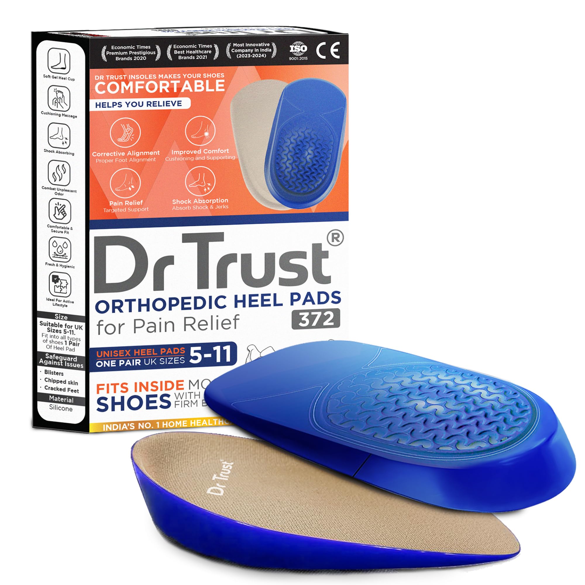 Dr Trust USA Orthopedic Gel Heel Pads for Pain Relief from Plantar Fasciitis, Spurs & Heel Aggravation, Insert Cups for Women, Men Shoes, Heel Support or Protectors -372 (Pack of 1 Pair) (UK 5-11)-image-32