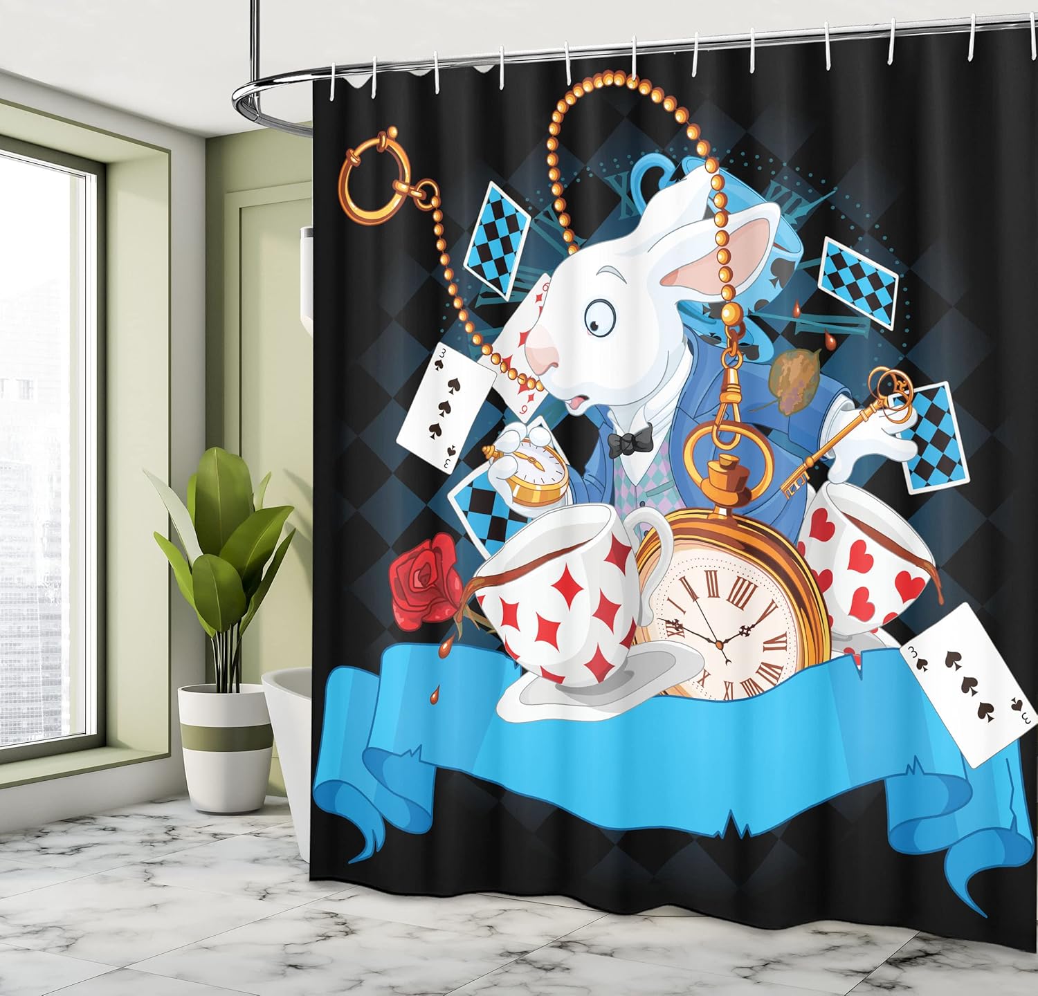 Ambesonne Alice in Wonderland Shower Curtain, Rabbit Motion Cups Hearts and Flower Character Alice Cartoon Style, Cloth Fabric Bathroom Decor Set with Hooks, 69" W x 75" L, Dark Blue Charcoal Grey