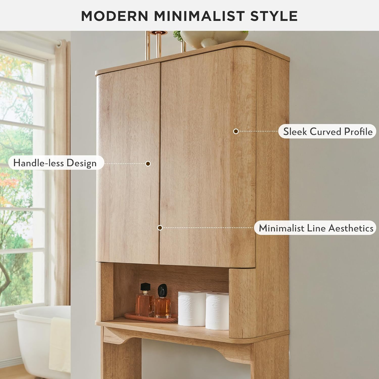 ACCOHOHO Modern Over The Toilet Storage Cabinet with Adjustable Shelf & Handle-Less Double Doors, 67 Inch Tall Wooden Bathroom Cabinet, Natural Oak 24"W/9"D/67"H Natural Oak