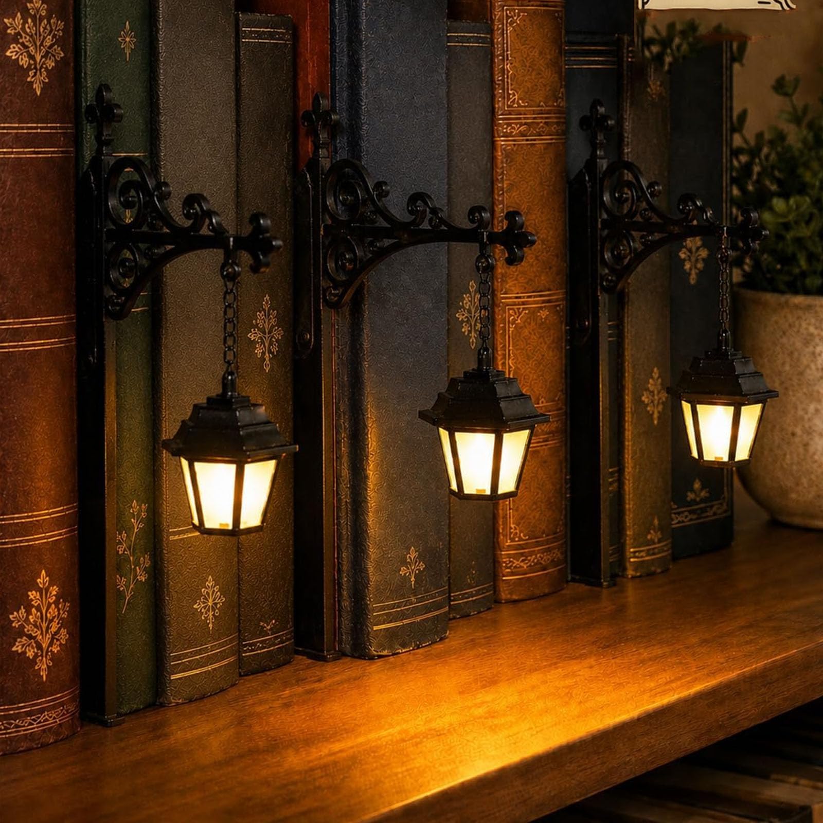 Linterna de biblioteca Mini lámpara LED para estantería, iluminación de rincón de libro colgante de hierro de madera vintage, luz de lectura portátil cálida, adorno literario (B3pcs)