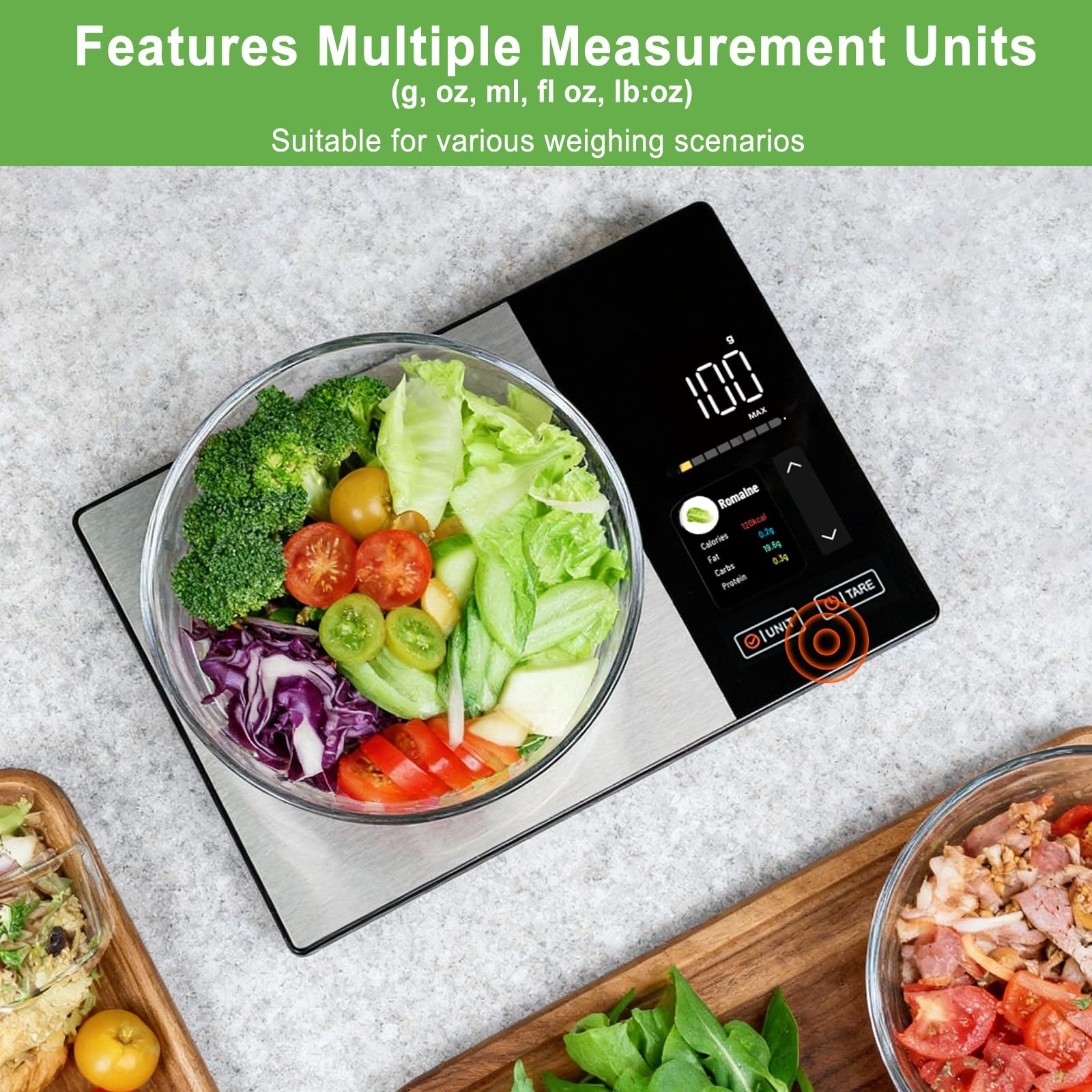Báscula inteligente de alimentos con calculadora nutricional, báscula digital de cocina para pérdida de peso, aplicación gratuita con 23 nutrientes y seguimiento de calorías, peso digital en