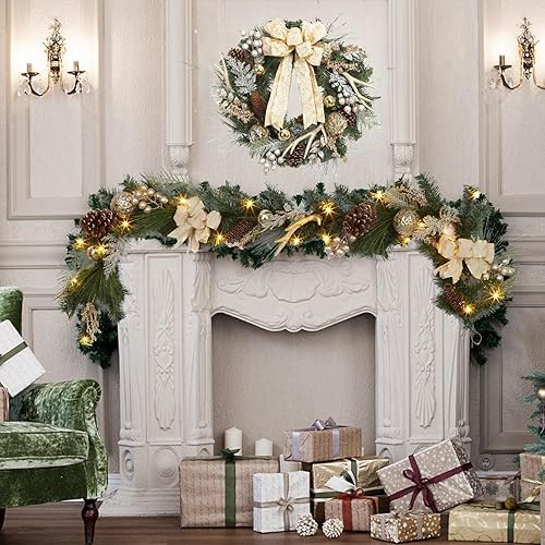 Miniatura 7 de Guirnalda de Navidad preiluminada de 6 pies con luces para manto, guirnalda de Navidad iluminada a pilas al aire libre con 20 bolas de oro LED,