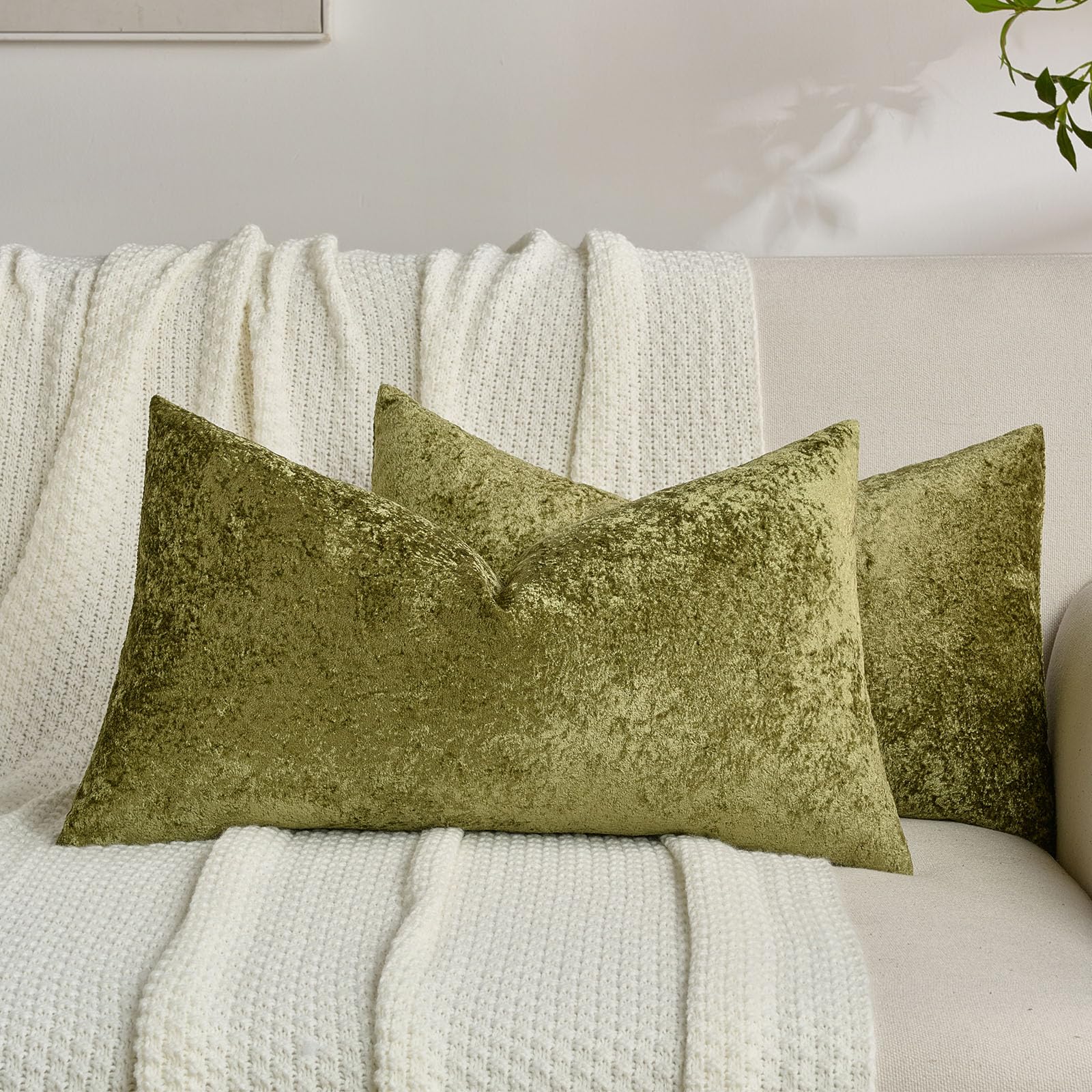 FUTEI Set of 2 Soft Flannel 30x50 cm Cushion Covers Crushed Textured Solid Scatter Pillowcase 30 x 50 cm Modern Accent for Sofa Bedroon Living Room, Moss Green — image 1