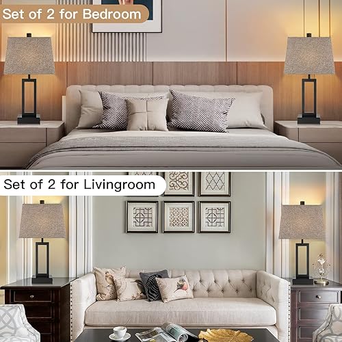 Miniatura 6 de Juego de 2 lámparas de mesa con control táctil de 23.5 pulgadas, lámpara de noche con 2 puertos de carga USB y salida de CA, lámpara moderna