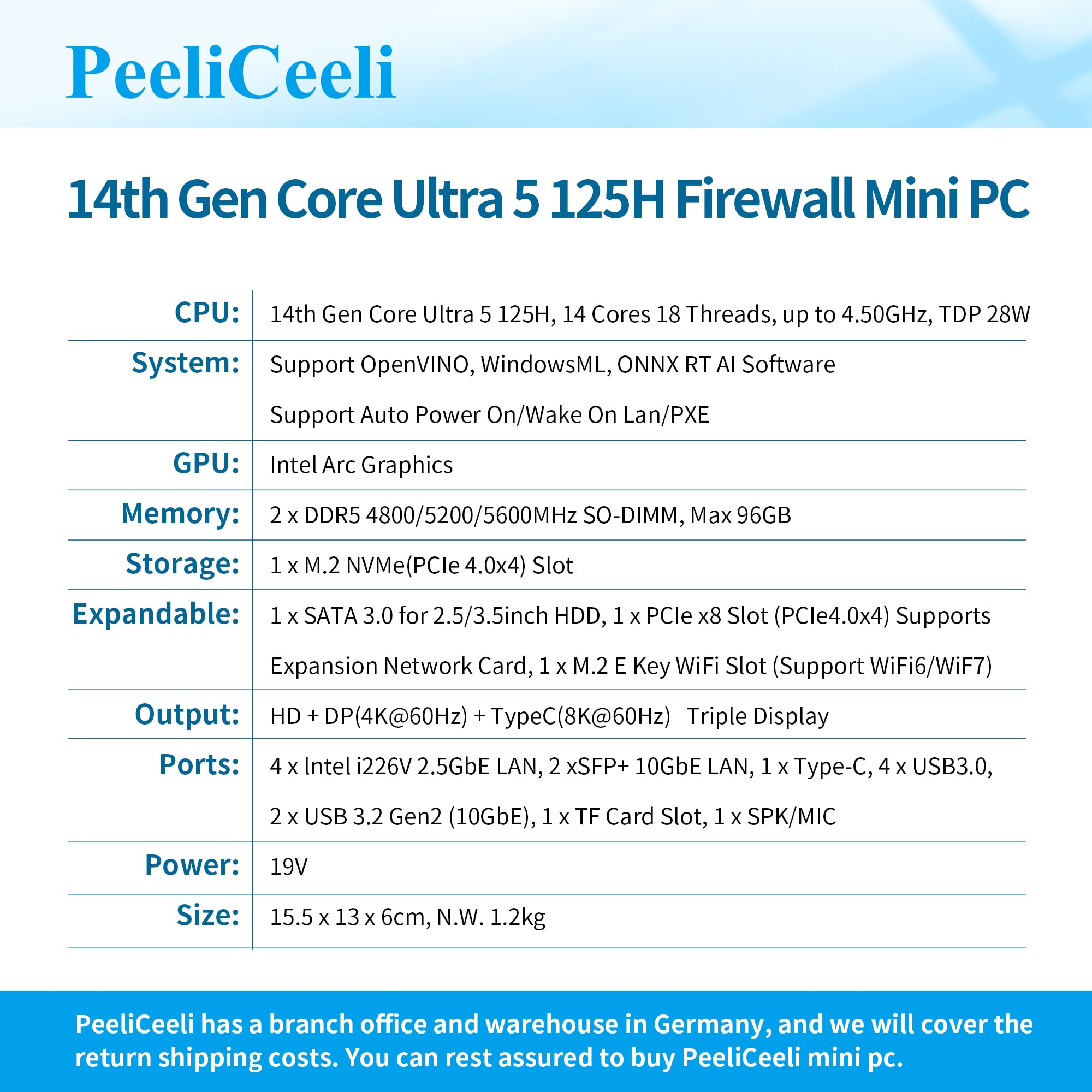 Firewall Appliance Mini PC, 14th Gen Core Ultra 5 125H, 82599ES 2 x 10GbE SFP+, 4 x i226 2.5G LAN, AI Micro Computer Router, NPU, Win/OPNsense, AES-NI, DDR5 NO RAM/SSD/OS