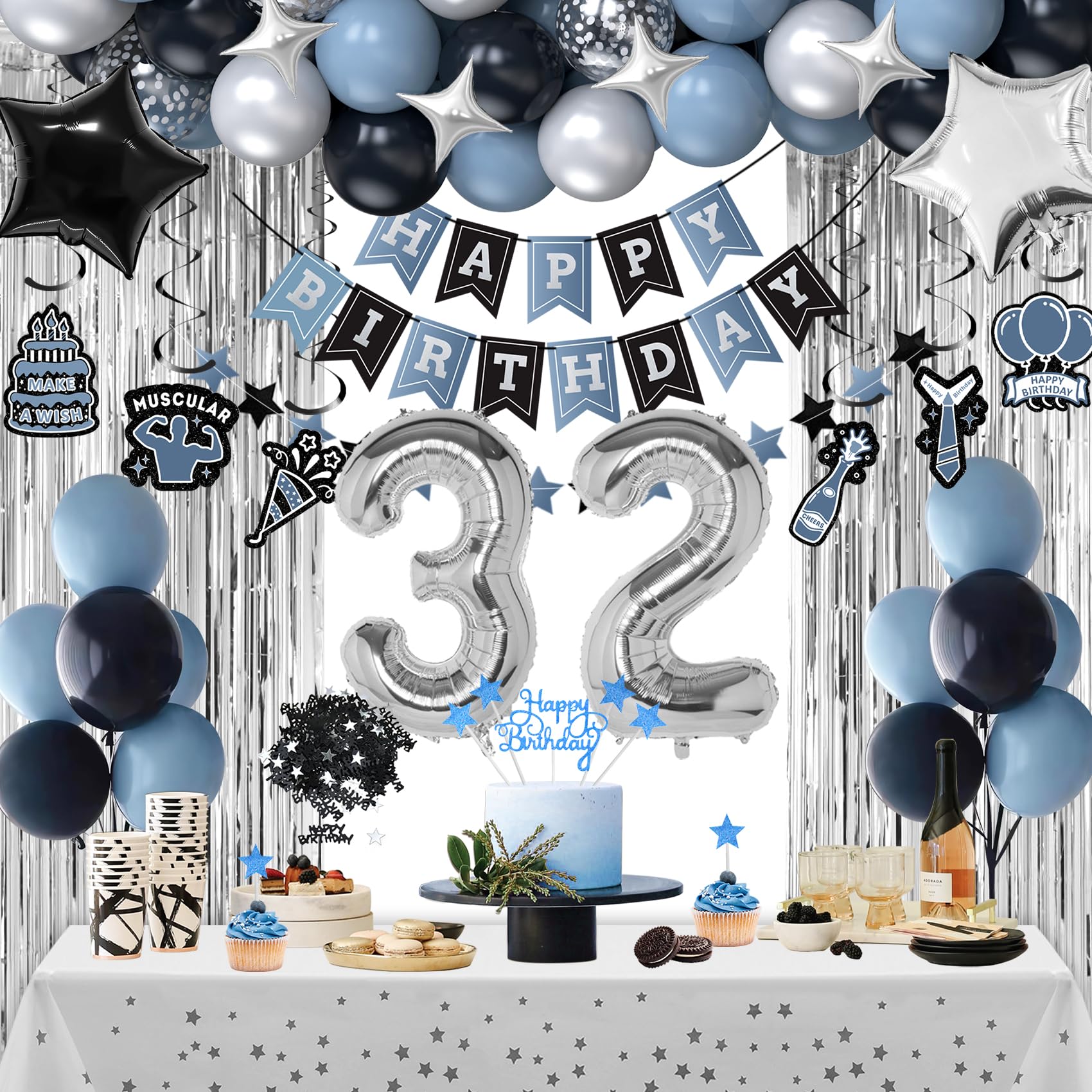 32nd Birthday Decorations, Dusty Blue 32 Birthday Decorations for Men Women, Blue Sliver Black Birthday Party Decor with Happy Birthday Banner, Number