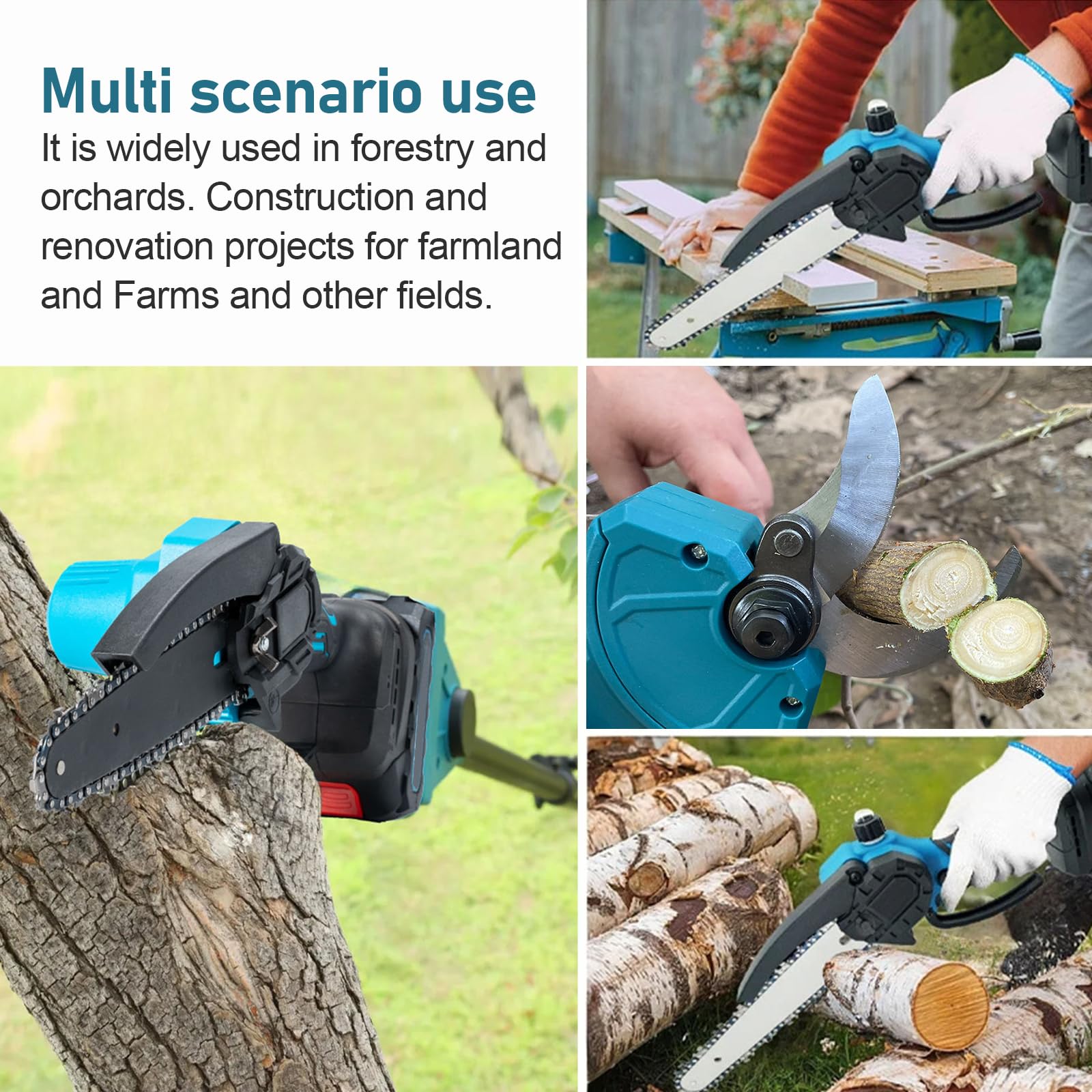 Kit 4-en-1 Sécateur et Tronçonneuse sans Fil, Mini Tronçonneuse sans Fil 6" avec 2 Batteries 4.0Ah & Chargeur, Ébrancheur sans Fil avec Manche Télescopique, Scie à Branches Électrique pour Jardin
