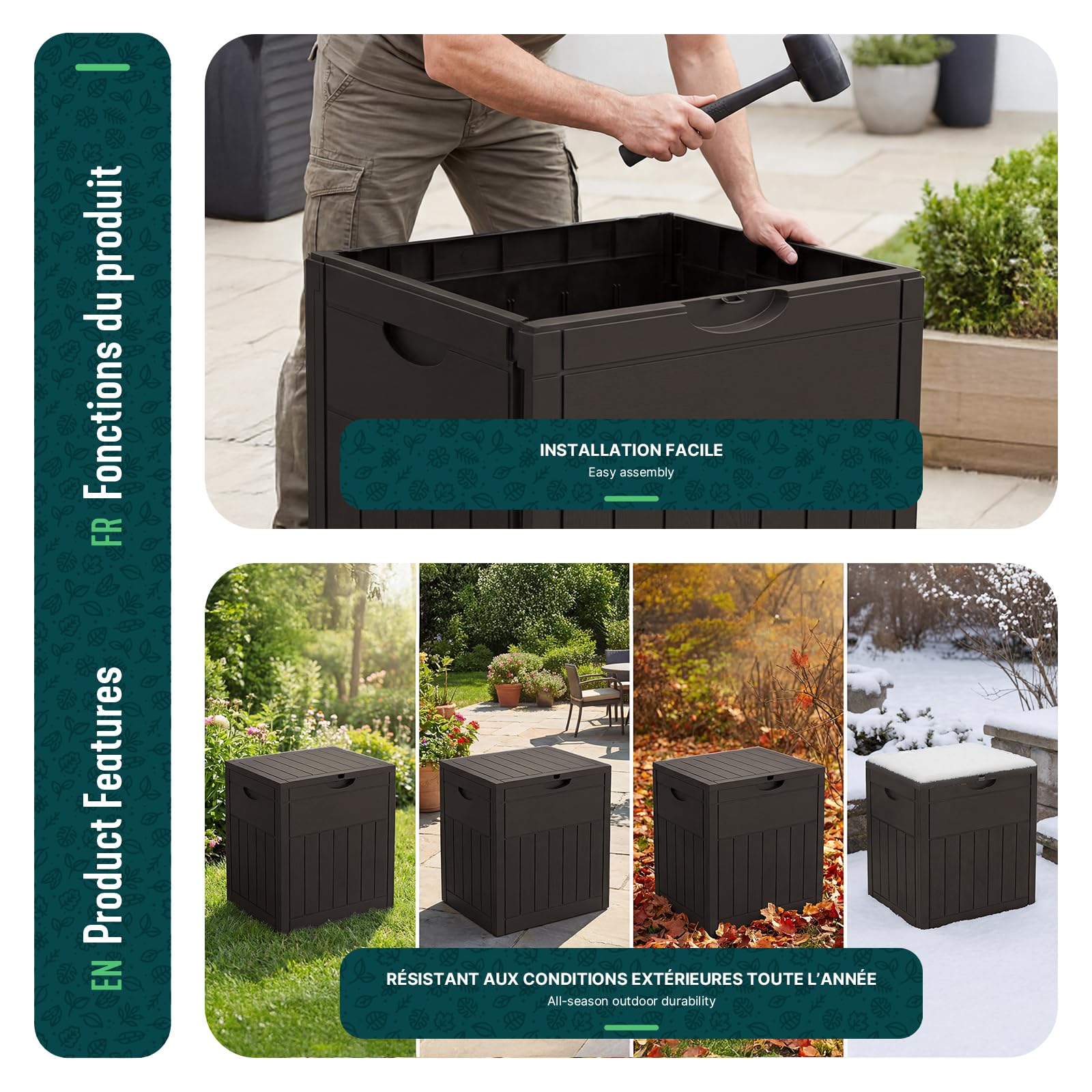 VOUNOT® Baule da Esterno 126L con Coperchio e Maniglie Incassate, Cassapanca da Giardino Impermeabile e Resistente ai Raggi UV 56x43x53 cm, per Terrazza, Balcone e Piscina, Effetto Legno, Marrone