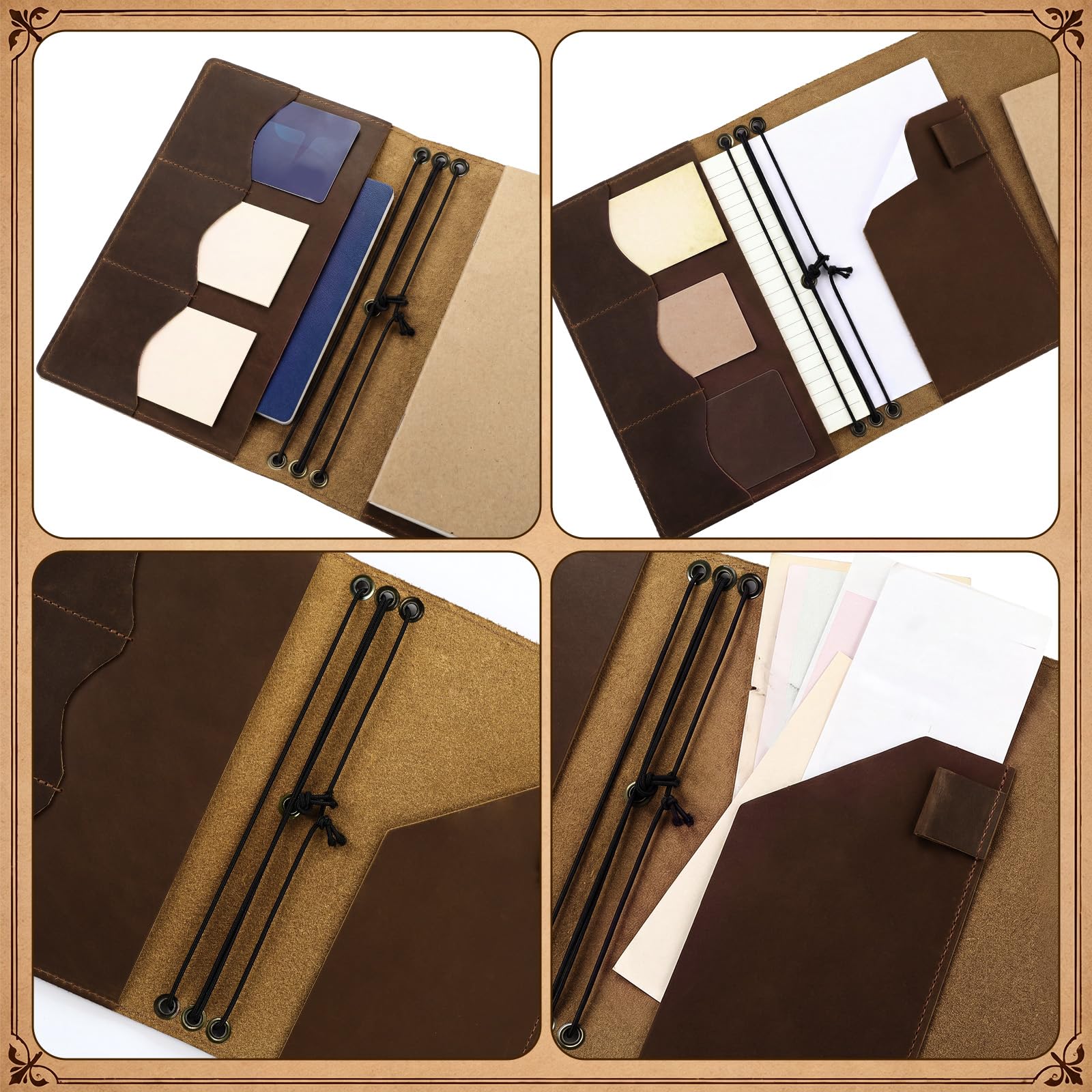Sabary Juego de 4 fundas de cuero para diario de viajeros, tamaño A5, rellenables, 3 bolsillos interiores A5, ranuras para tarjetas, soporte para bolígrafos, para hombres y mujeres, regalo para