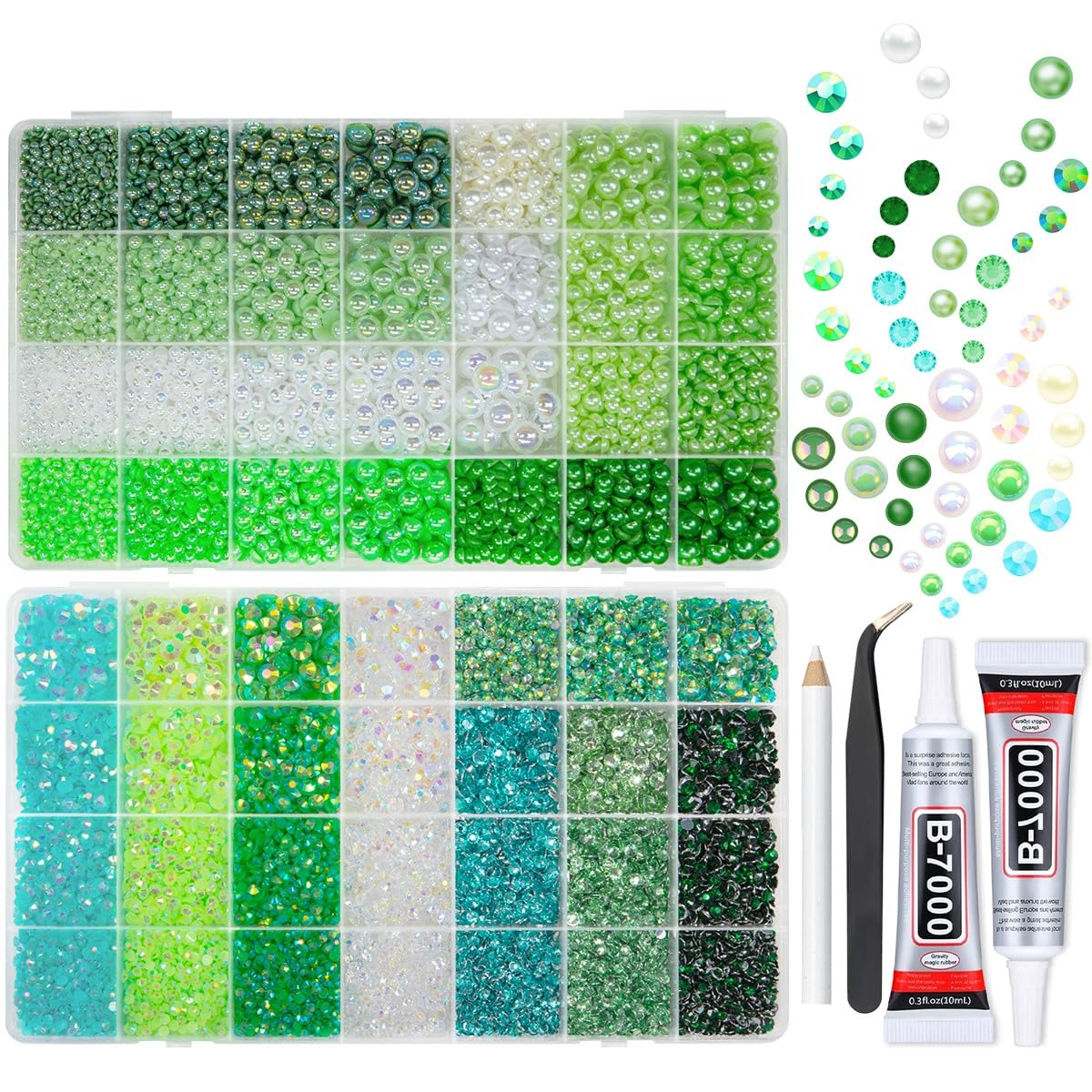 qiiipi 2 Big Boxes Green Resin Pearls and Rhinestones w B7000 Glue for Bedazzling Crafting Flatback Stones Gems Diamonds Half Pearls Bedazzler Kit for