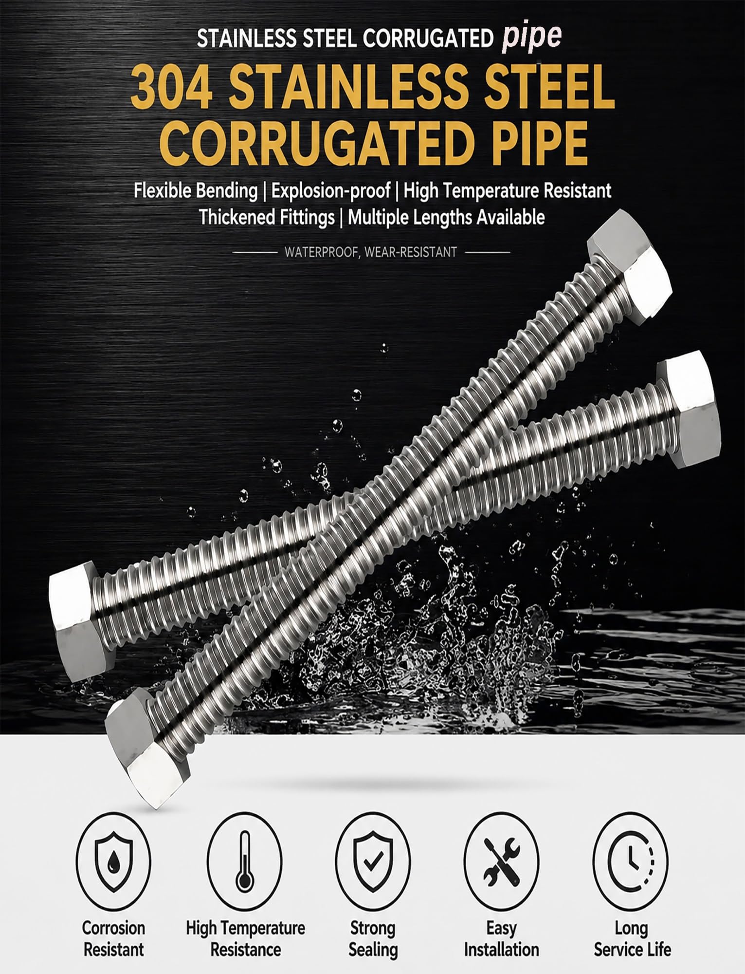 Manguera de metal flexible corrugado de acero inoxidable 304, para tuberías industriales (11.8 pulgadas)