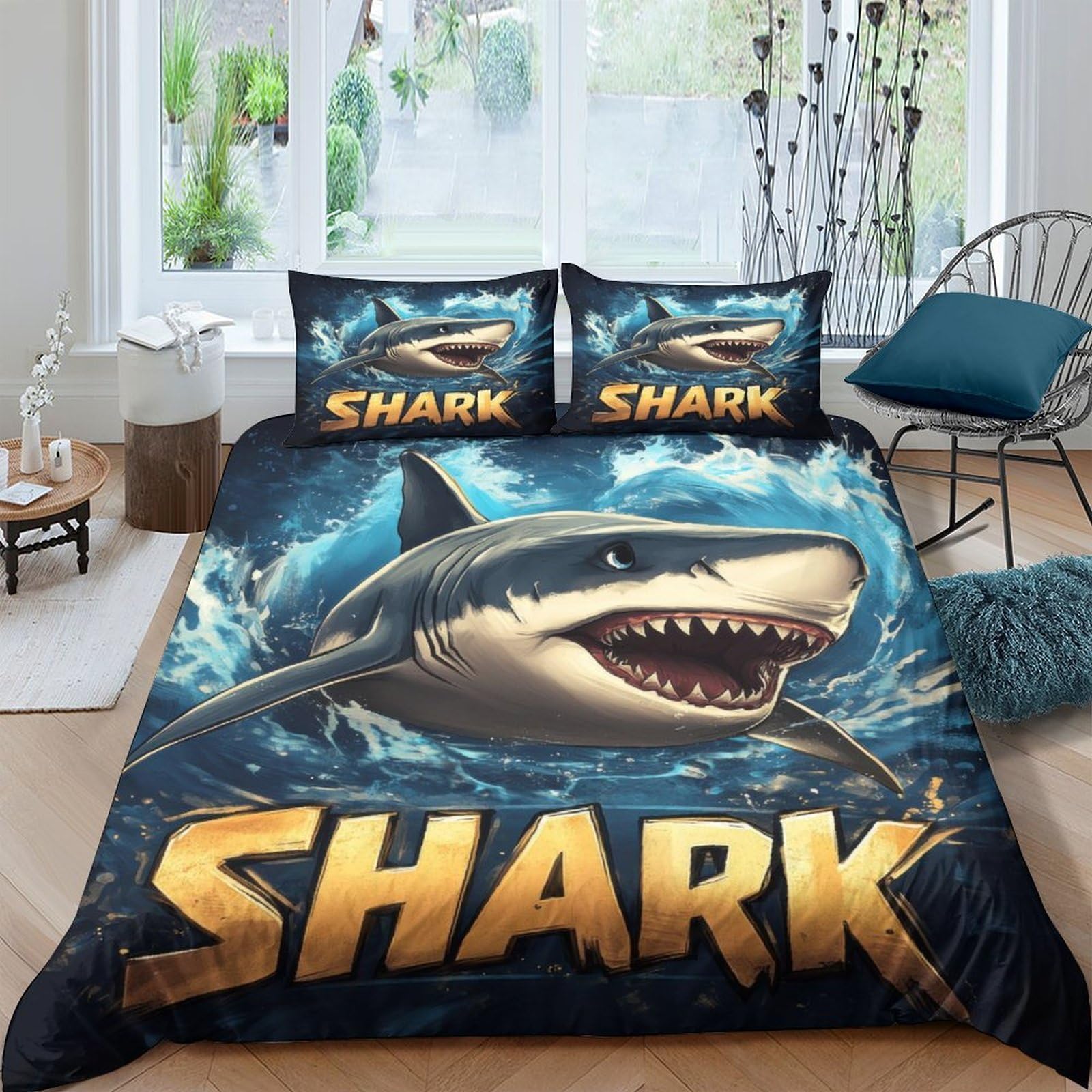 Ctjqhvkz Style-7 3D Printed Shark Ocean Theme Fitted Sheet Microfiber Soft Non Slip Deep Blue Mattress Cover For Bedroom Dorm Decor Single（135X200cm）