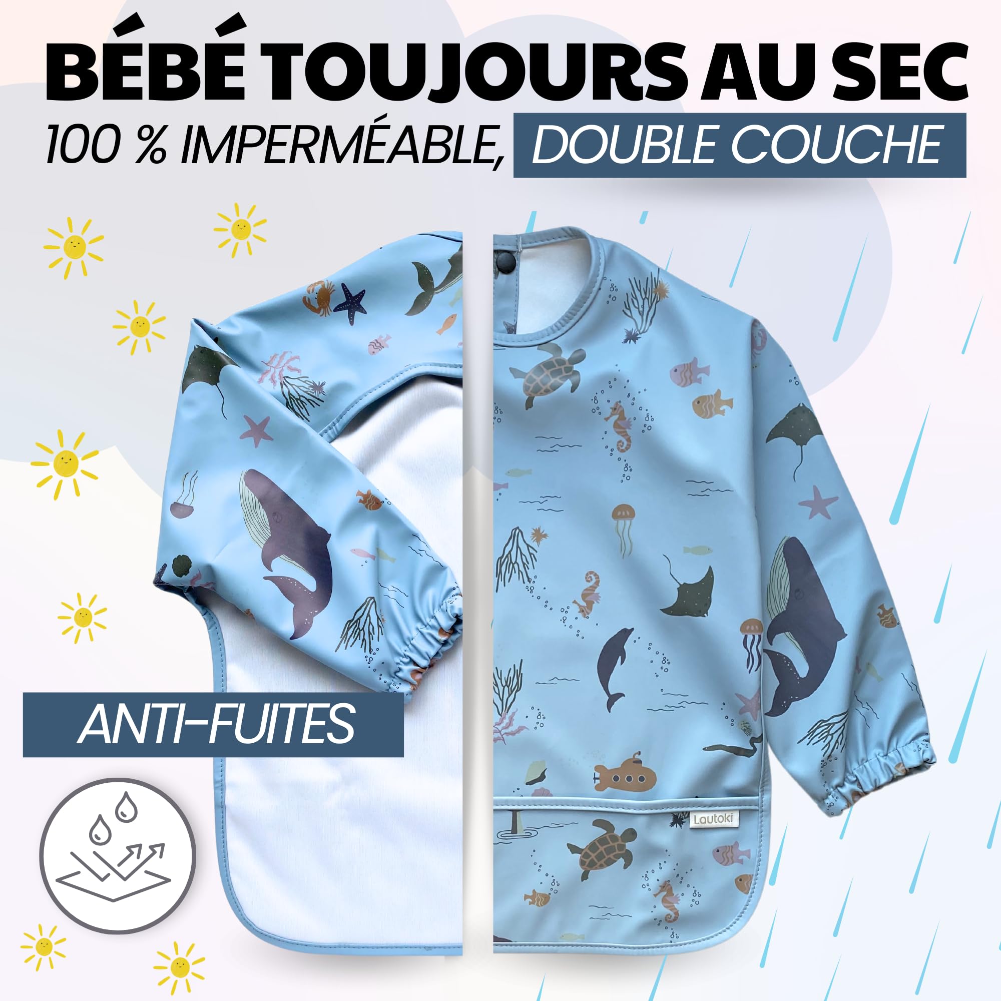 Bavoir manches longues bebes + Sac étanche | 12-36 mois | Sans BPA | Bavoir imperméable bébé | BLW | Bavoir manche longue | Bavoirs bebe | Bavoir tablier bébé