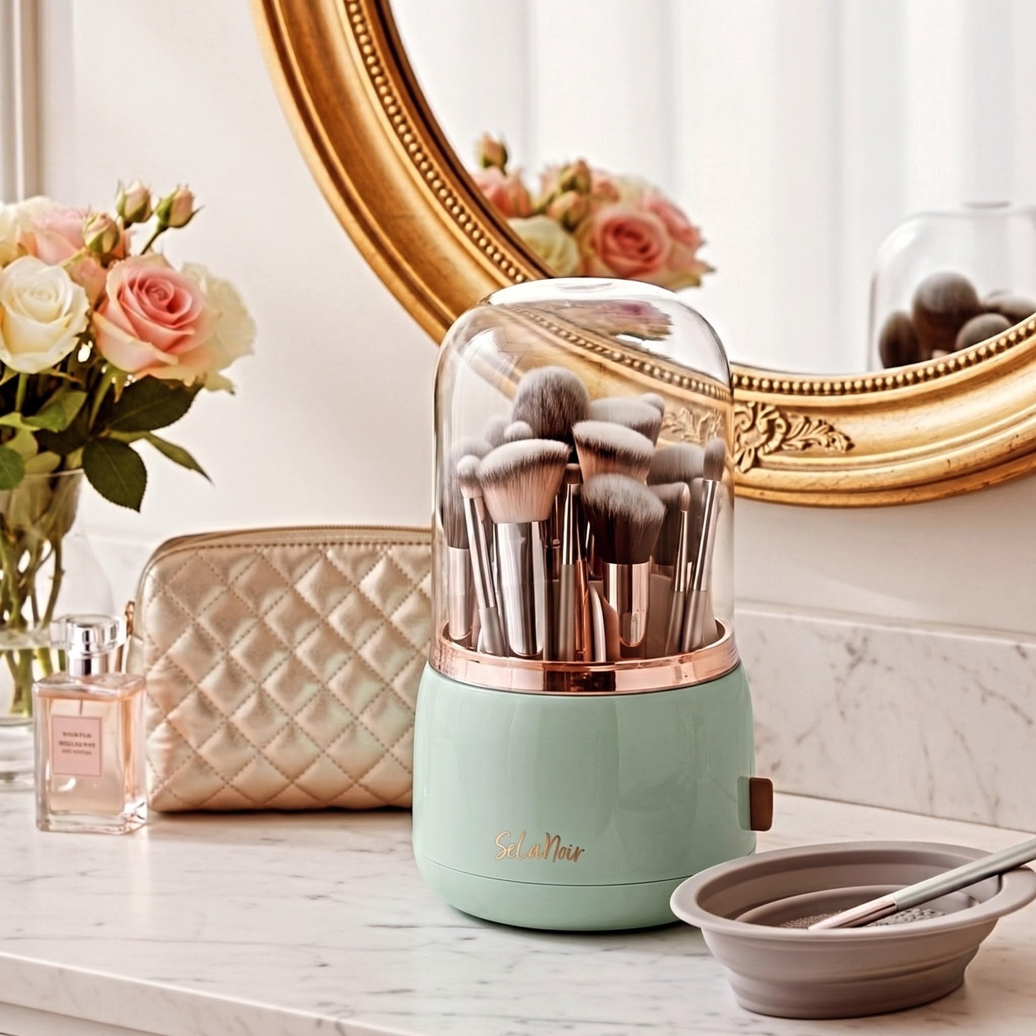 SeLaNoir Rotating Makeup Brush Holder with Lid and Brush Cleaner Bowl