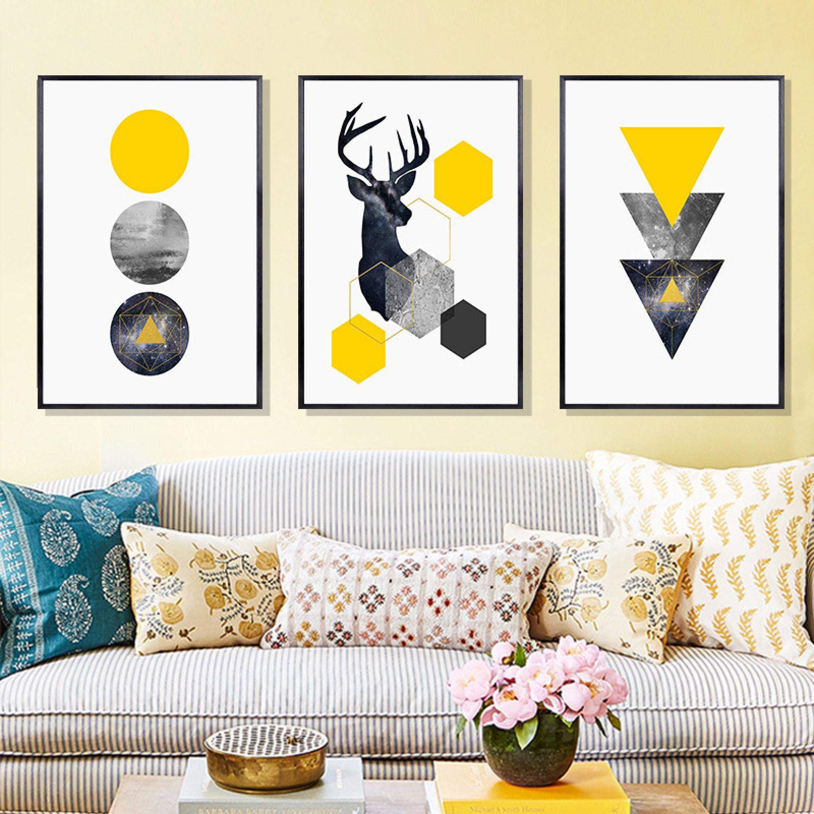 Peinture murale cerf géométrique nordique jaune gris affiche salon 60x80cm