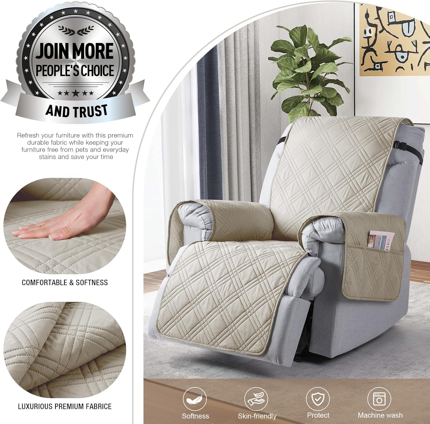 TAOCOCO Waterproof Recliner Chair Covers 30 Inch Wide, Oversized Recliner Covers for Recliner Chair with Pocket, Recliner Slipcovers with Straps Furniture Protector for Kids Pets (30'', Cream)