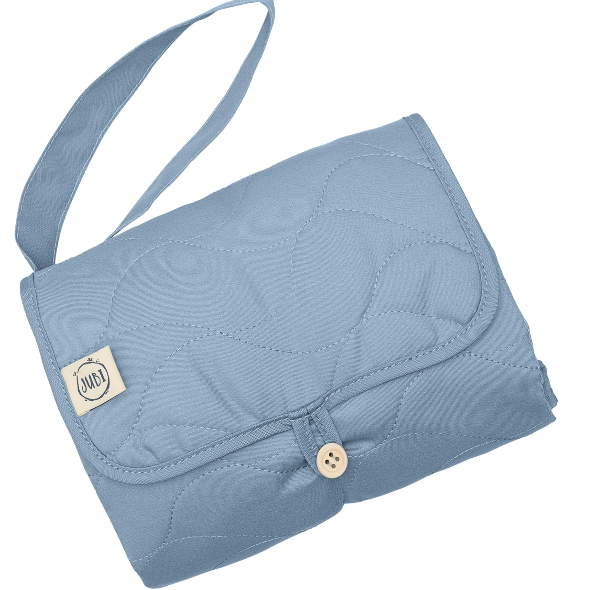 Jubi® Wickelauflage unterwegs Blau- Wickelunterlage aus Bio Baumwolle & Öko-Tex Polyester – kompakt, abwischbar, mit Fach für Windeln & Feuchttücher