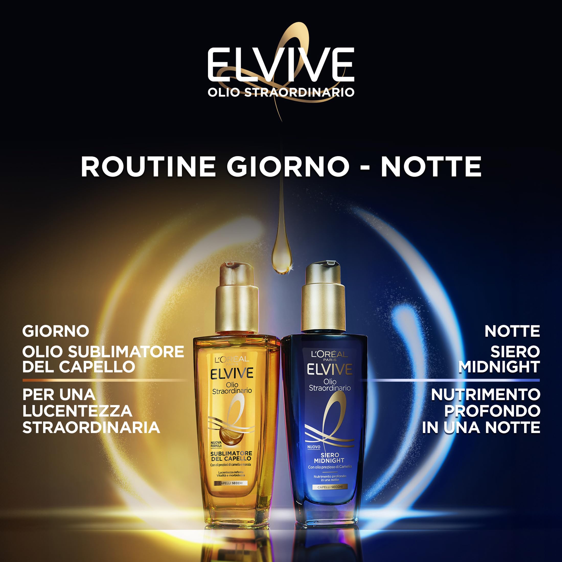 L'Oréal Paris Elvive Kit per Capelli Secchi con Olio Sublimatore del Capello per il Giorno, e Siero Midnight per la Notte, Lucentezza Straordinaria e Nutrimento Intenso, Olio Straordinario