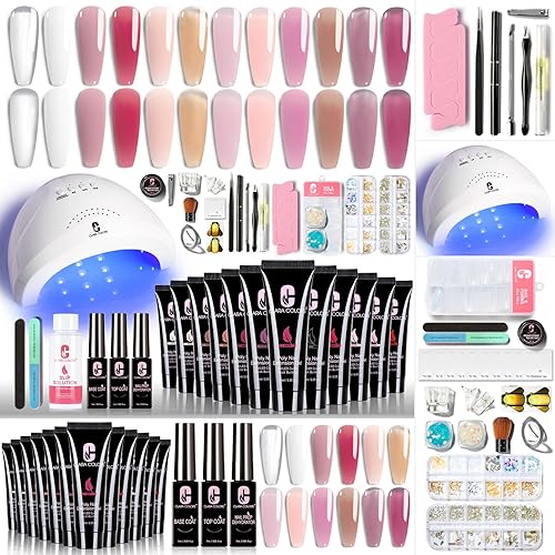 Miniatura 1 de Clara Colors Kit de uñas de gel de poligel, 12 colores transparentes gelatina, rosa, kit de uñas de gel de extensión con lámpara UV de 48 W, kit de