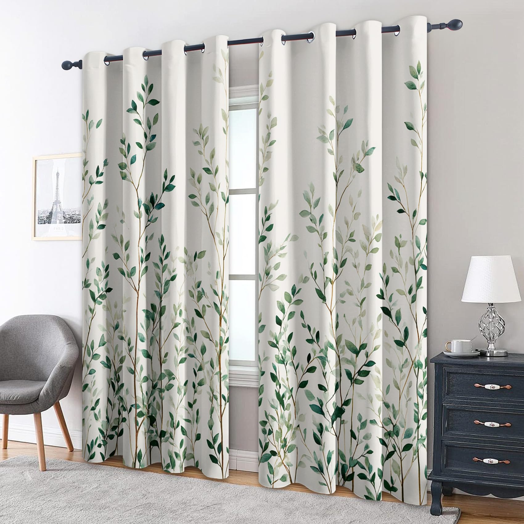 Genérico Cortinas Salon Hoja Blanca y Gris, 140x260 cm 2 Piezas - Cortinas Dormitorio Opacas árbol Escandinavo Natural Ventana Decoracion Habitacion, con Ojales, Blackout Curtains JG154