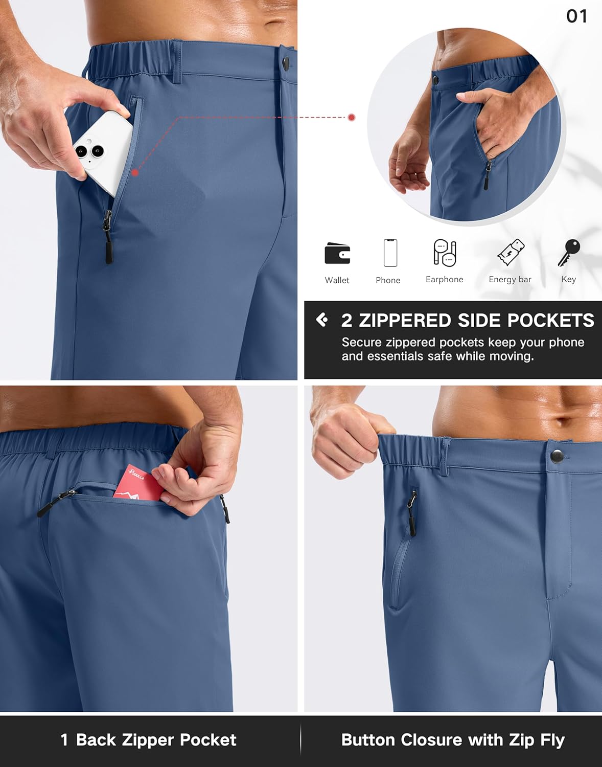 Pudolla Mens Hiking Shorts 5"/7"/9" Lightweight Quick Dry Casual Golf Shorts for Men Work Fishing with 3 Zipper Pockets - Image 6