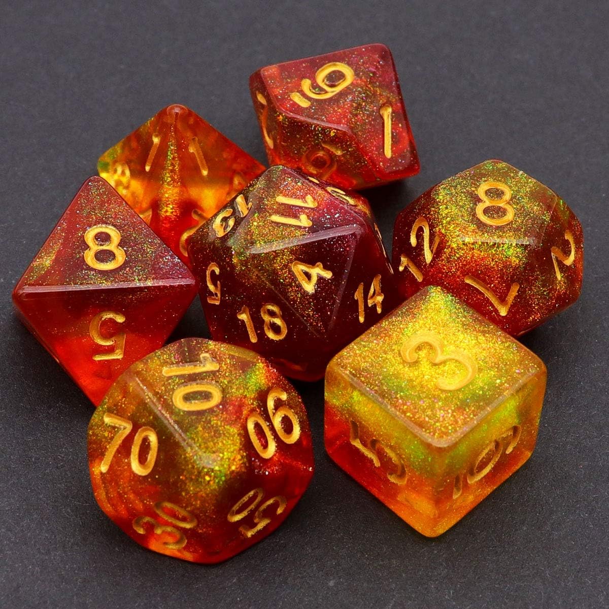 Haxtec DND Dice Set Red Yellow Iridescent Glitter Polyhedral D&D Dice for RPGs-Blood Galaxy