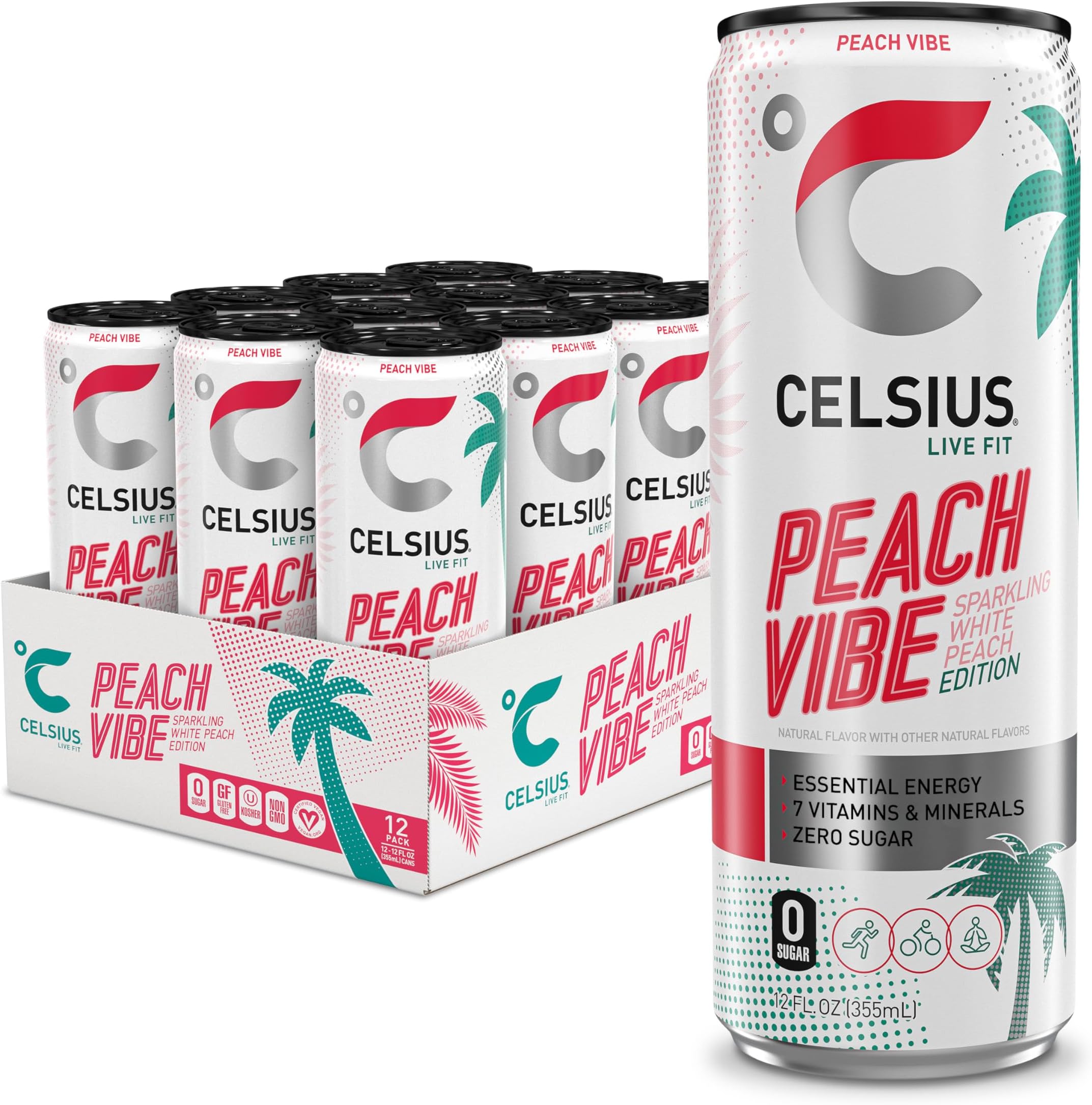 CELSIUS Essential Energy Drink, 12 Fl Oz, Sparkling Peach Environment (Pack of 12)