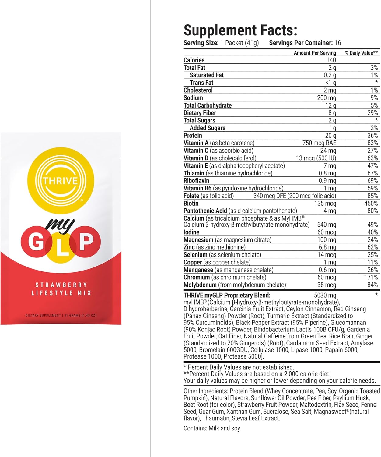 Le-Vel Thrive myGLP – Advanced Metabolic & Muscle Support with myHMB®, Berberine, and Probiotics – Vegan-Friendly Protein + Fiber Blend, 16 Packets (16 Packets (1.5 Pounds), Strawberry)