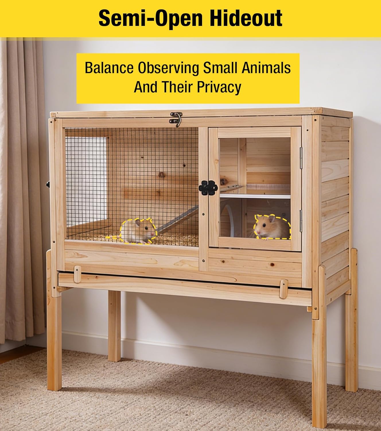 Aivituvin Guinea Pig Cages, Rabbit Hutch with Anti-Chew Frame, Bunny Cage with Deepened Pull-Out Tray, 3 Openable Areas, Assemblable Legs, Ramp & Hideout Included - Wooden