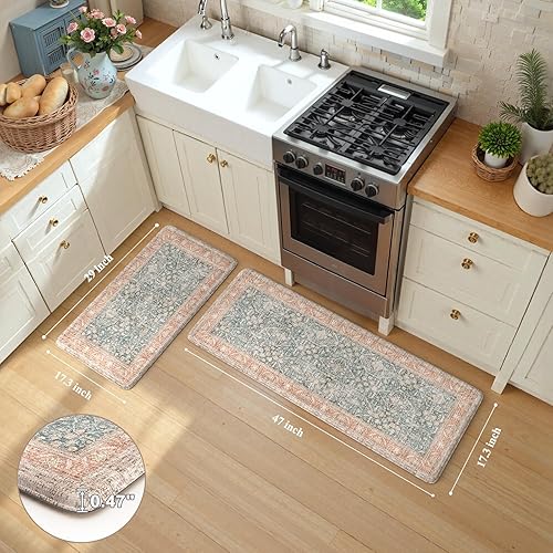 Vista 173 de KIMODE - Juego de 2 tapetes de cocina antifatiga, estilo vintage, antideslizantes, impermeables, ergonómicos, acolchados, cómodos para lavandería