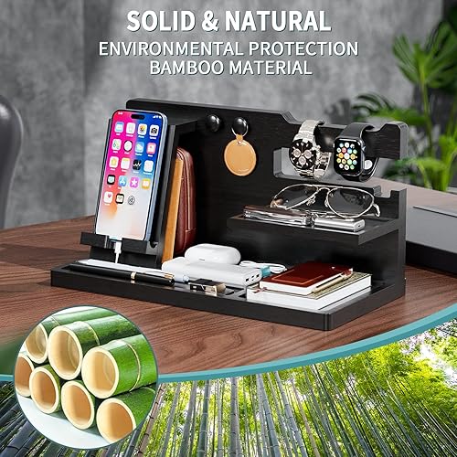 Miniatura 10 de Yirilan Estación de acoplamiento de madera para teléfono, organizador de mesita de noche, regalos de cumpleaños para hombres, regalos para
