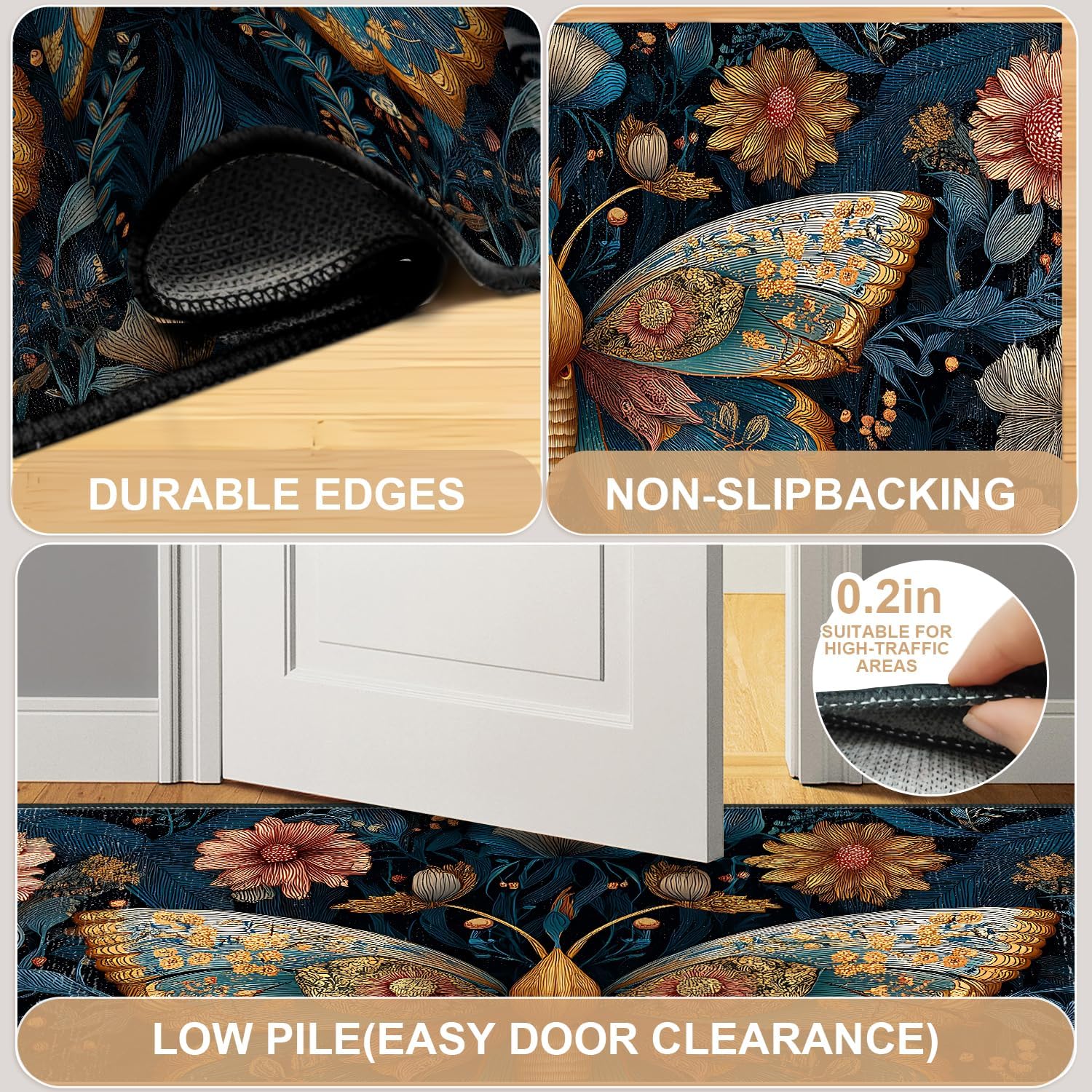 Butterfly Area Rug 2x3 ft Entry Rug Washable Boho Rugs Non Slip Low Pile Floral Door Mat Small Carpet for Bedroom, Bedside, Kids Room, Office, Dining Room