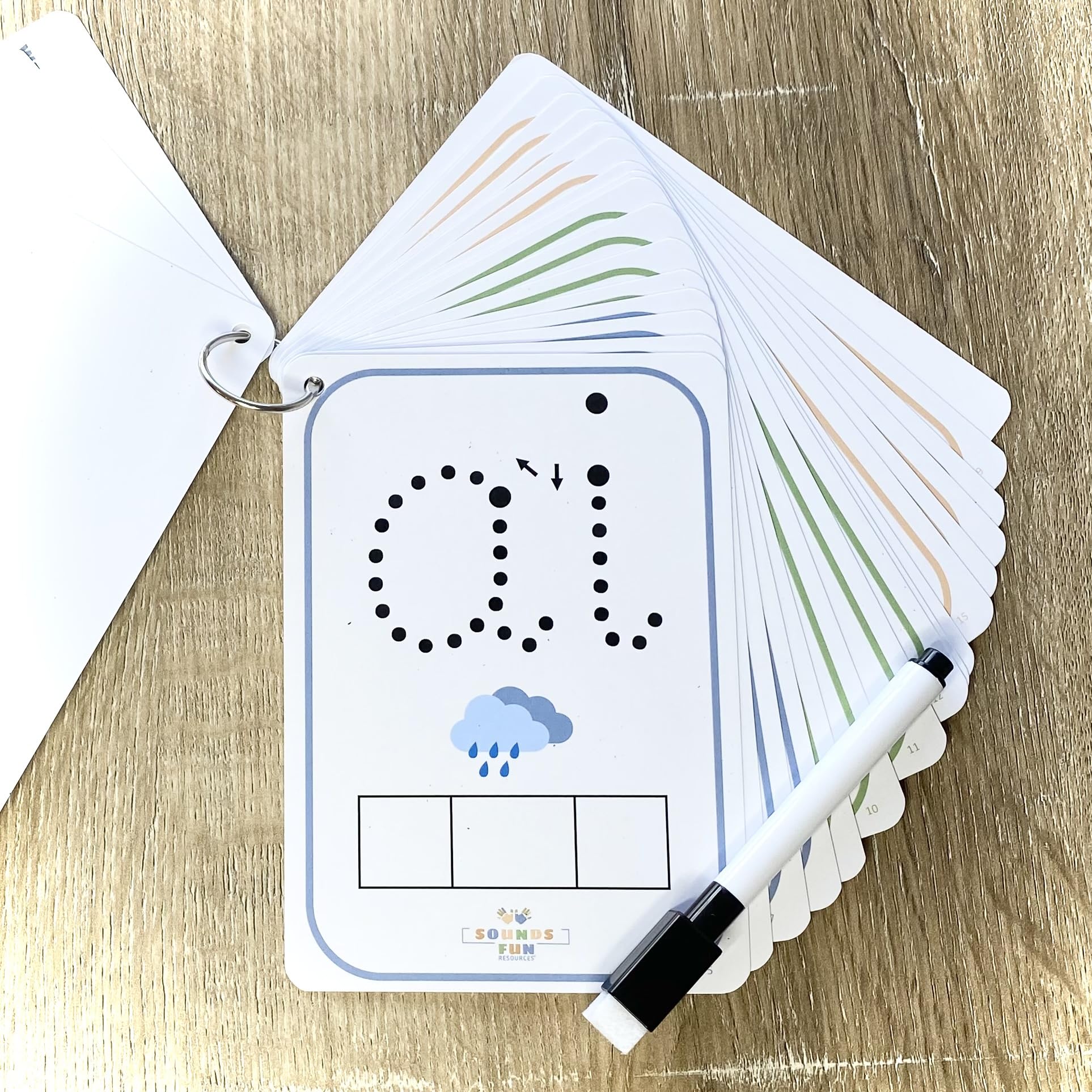 Phase 3 Word Building Phonics Flashcards, Wipeable A6 Educational cards for Children Ages 4+, Laminated with Binder Ring & Pen, Dotted Font & Word Building Frames, Home & School, Sounds Fun Resources - Image 2