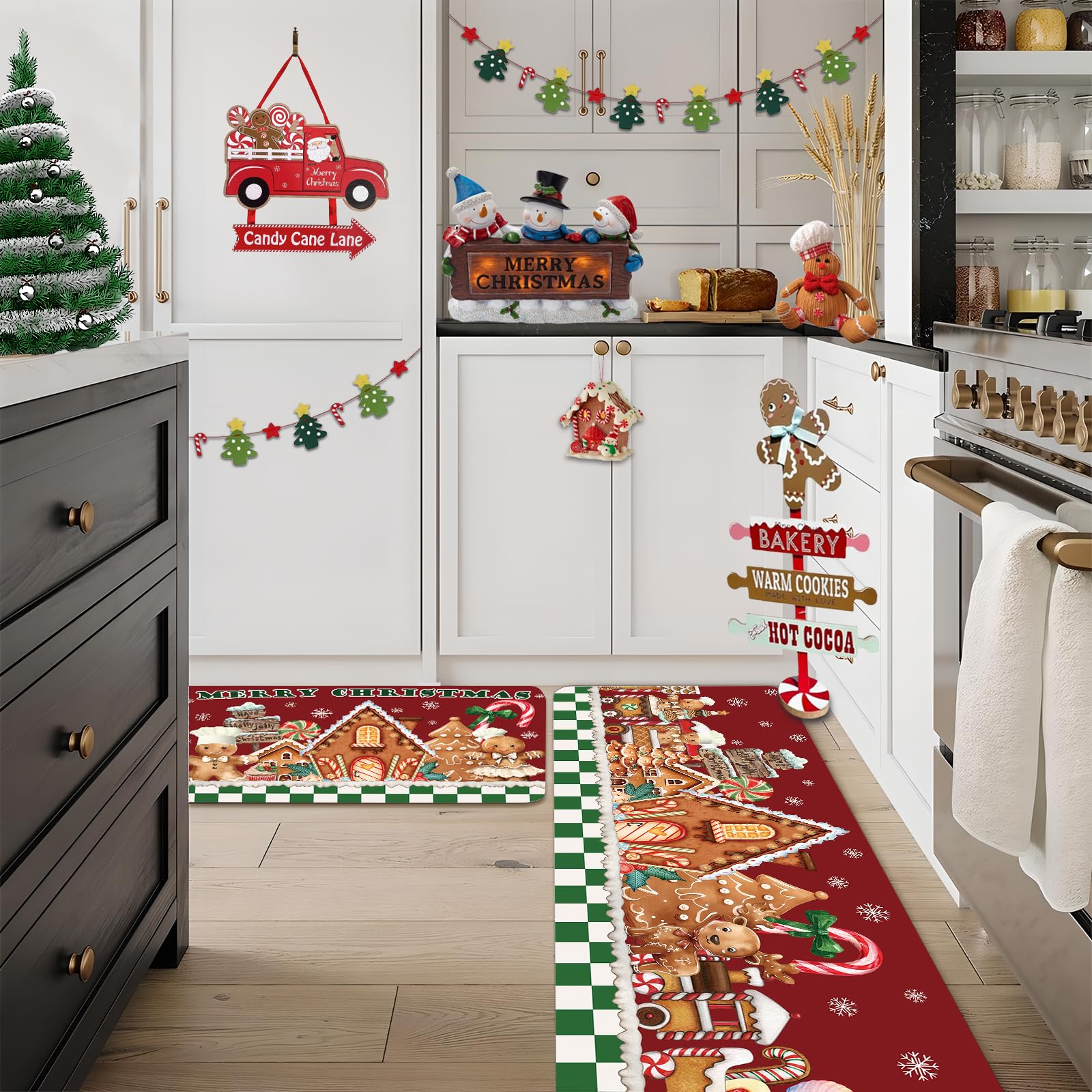 AIBIIN Tapis de cuisine Noël antidérapant caoutchouc bonhomme pain d'épices 40x60 40x120 cm 2 pièces
