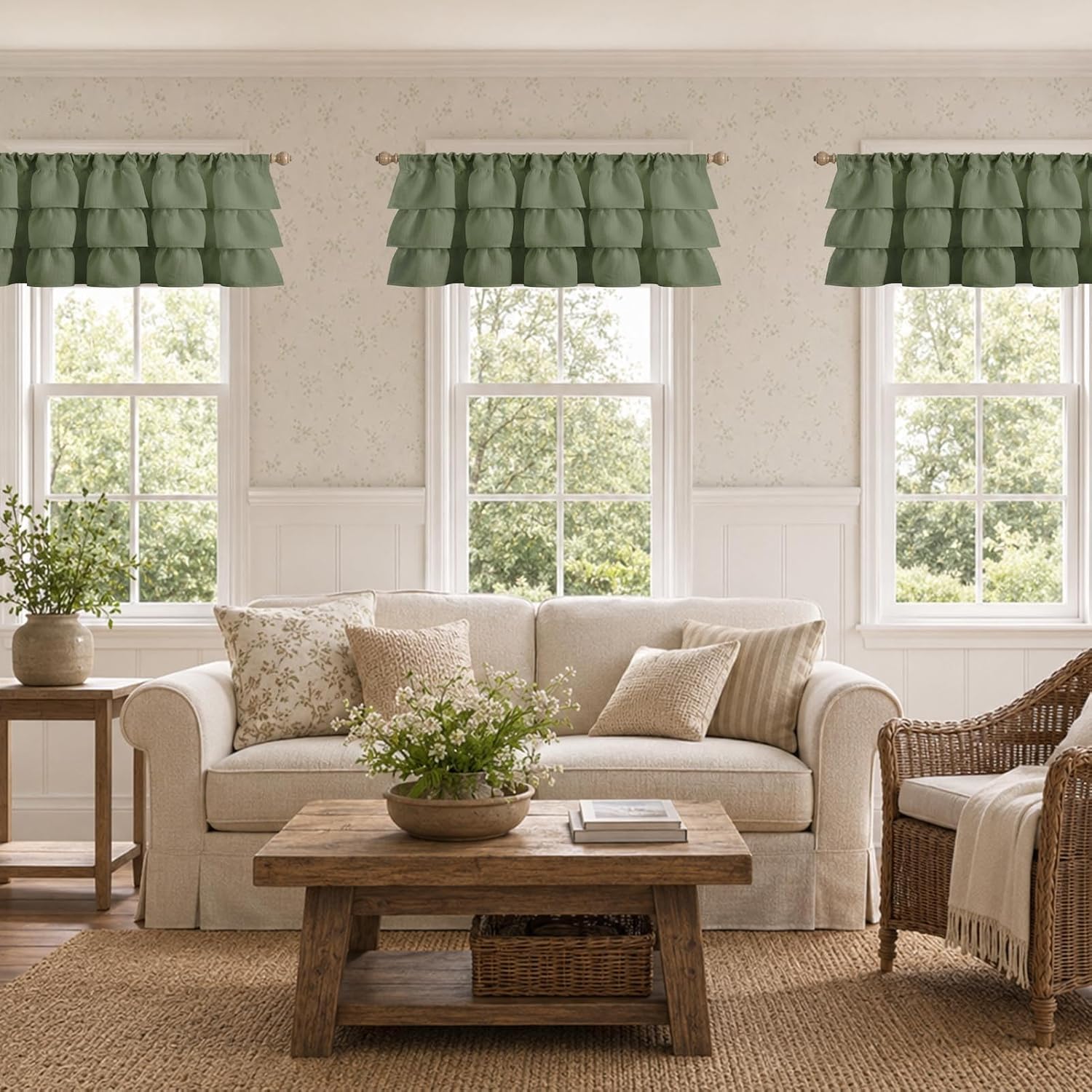 Emvency Valances for Windows Line Ruffle Hem 2 Pack, 52x18 Inch Sage Green